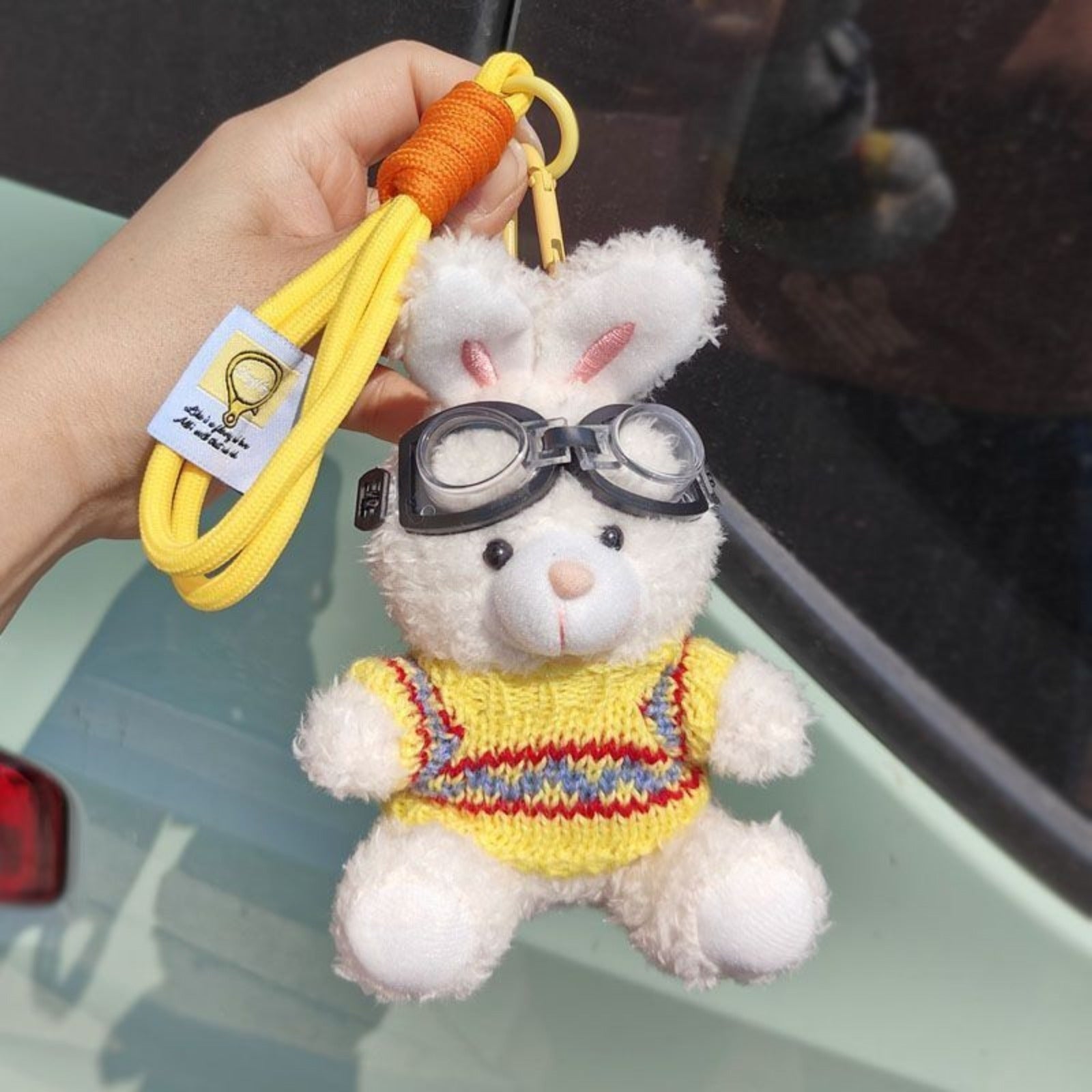 Bunny Lulu Keychain in Aviator Style with Cozy Sweater, Reflective Goggles, and Matching Hanging Lanyard – Perfect Everyday Accessory