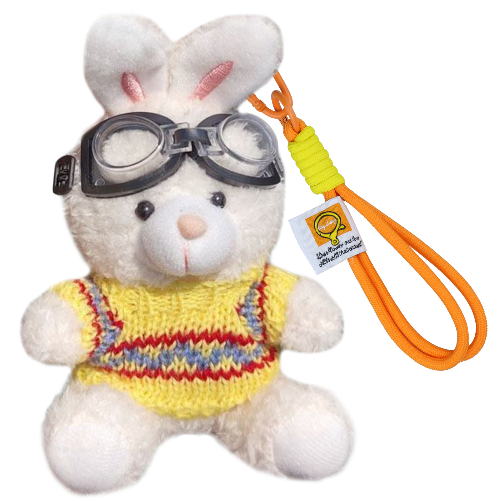 Bunny Lulu Keychain in Aviator Style with Cozy Sweater, Reflective Goggles, and Matching Hanging Lanyard – Perfect Everyday Accessory