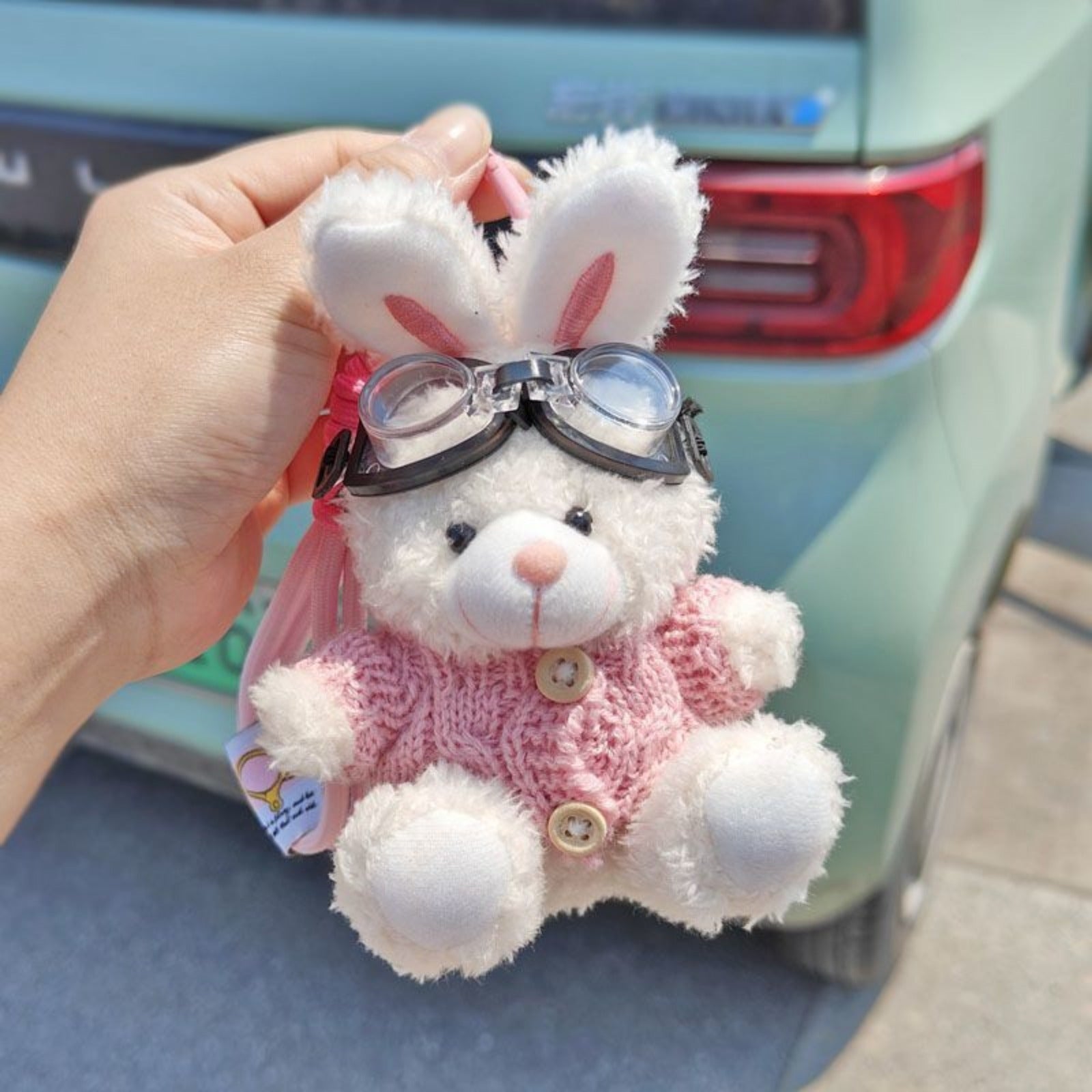 Bunny Lulu Keychain in Aviator Style with Cozy Sweater, Reflective Goggles, and Matching Hanging Lanyard – Perfect Everyday Accessory