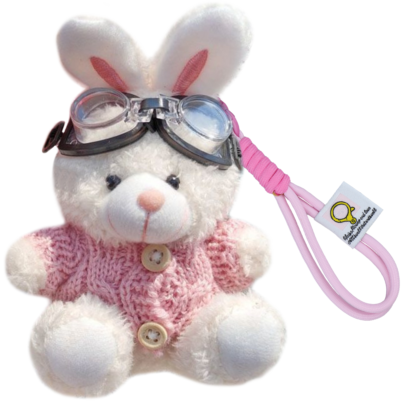 Bunny Lulu Keychain in Aviator Style with Cozy Sweater, Reflective Goggles, and Matching Hanging Lanyard – Perfect Everyday Accessory