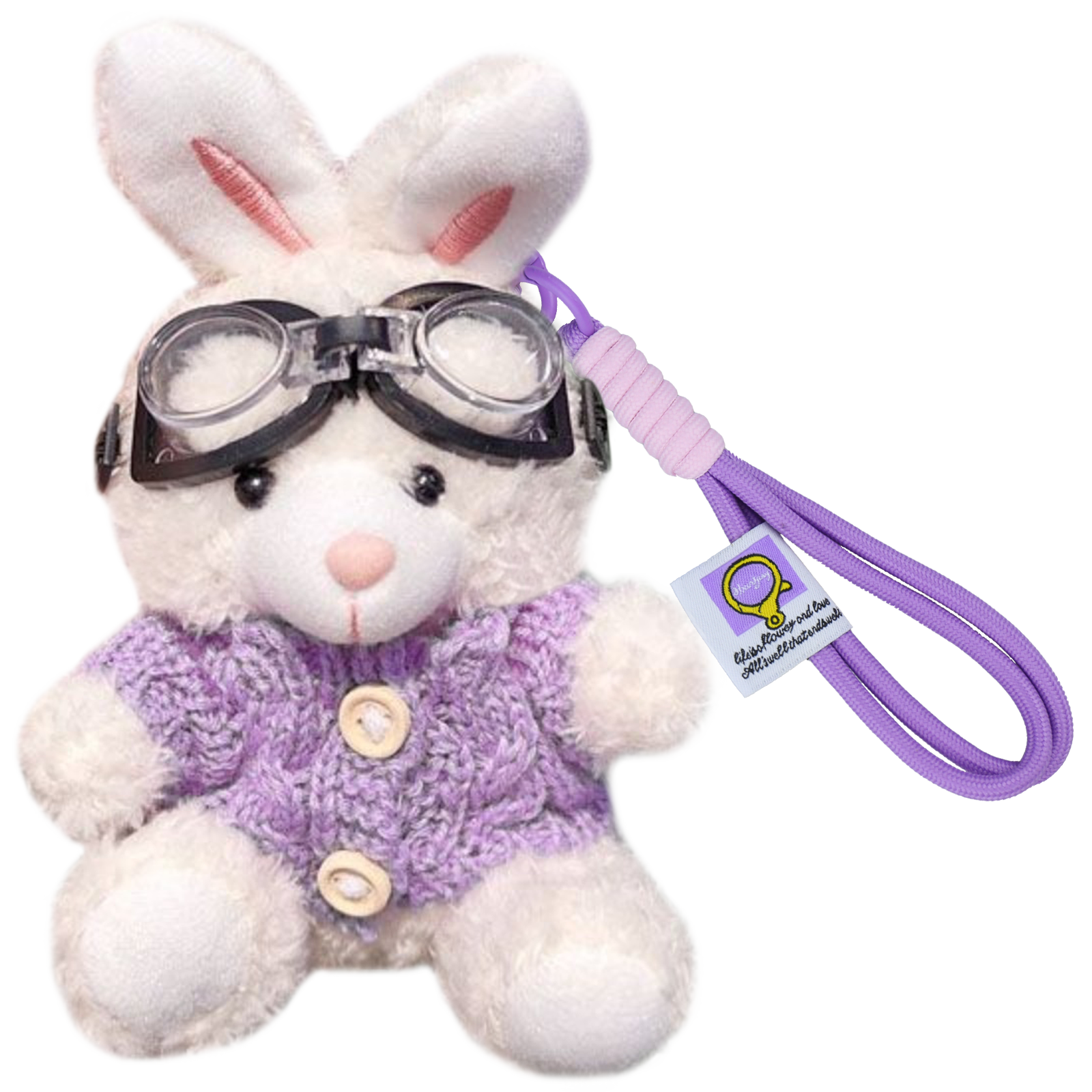 Bunny Lulu Keychain in Aviator Style with Cozy Sweater, Reflective Goggles, and Matching Hanging Lanyard – Perfect Everyday Accessory