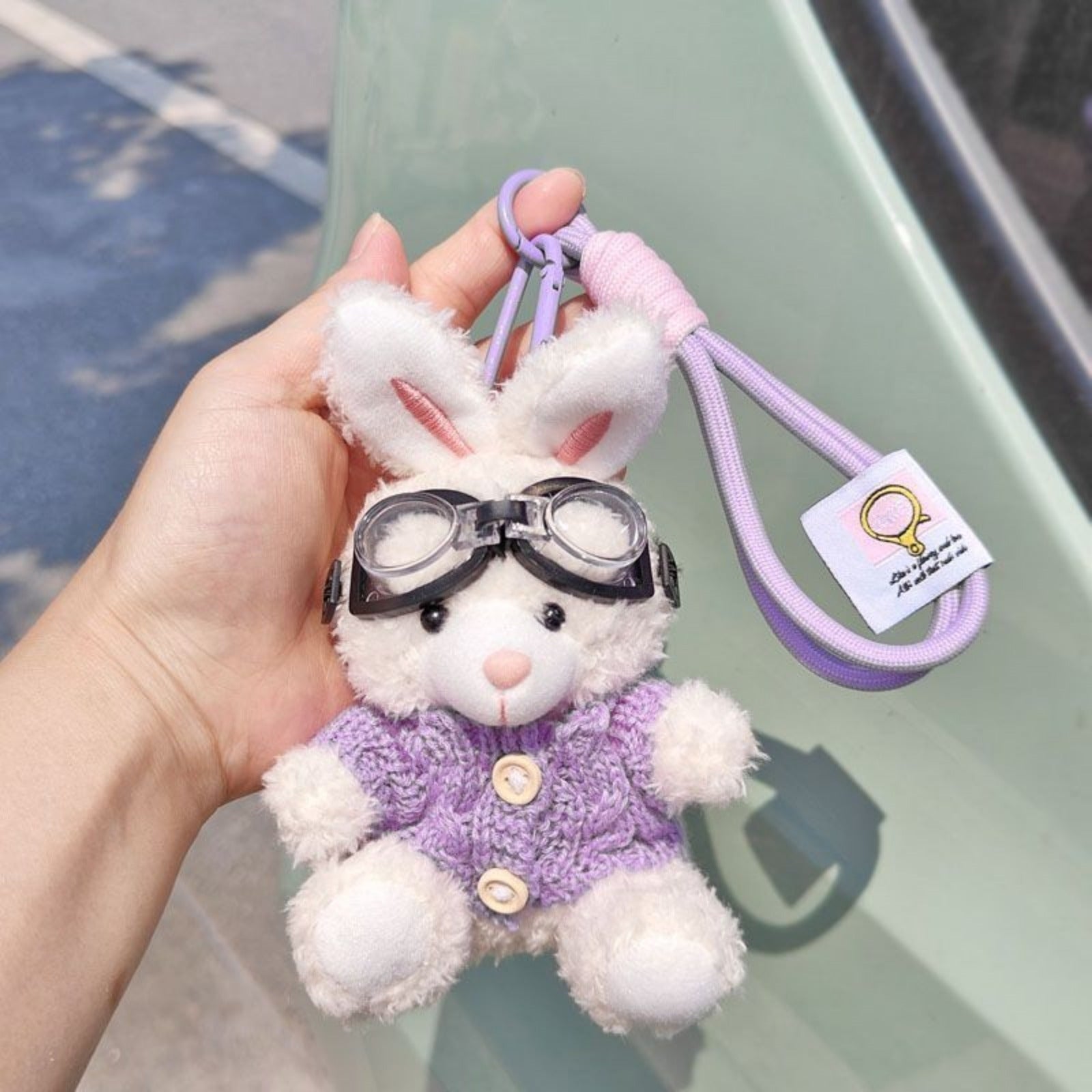 Bunny Lulu Keychain in Aviator Style with Cozy Sweater, Reflective Goggles, and Matching Hanging Lanyard – Perfect Everyday Accessory