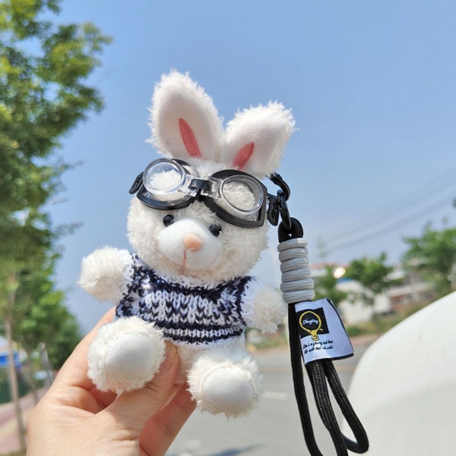 Bunny Lulu Keychain in Aviator Style with Cozy Sweater, Reflective Goggles, and Matching Hanging Lanyard – Perfect Everyday Accessory