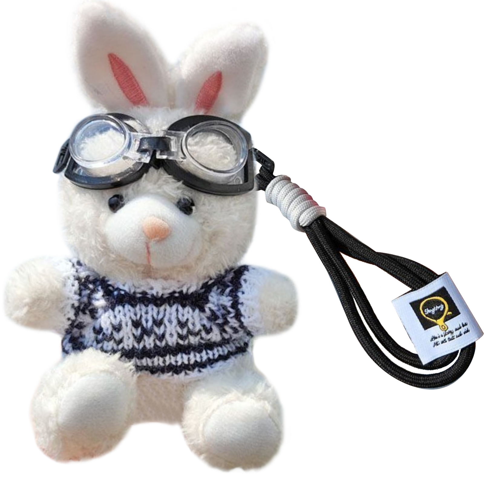 Bunny Lulu Keychain in Aviator Style with Cozy Sweater, Reflective Goggles, and Matching Hanging Lanyard – Perfect Everyday Accessory