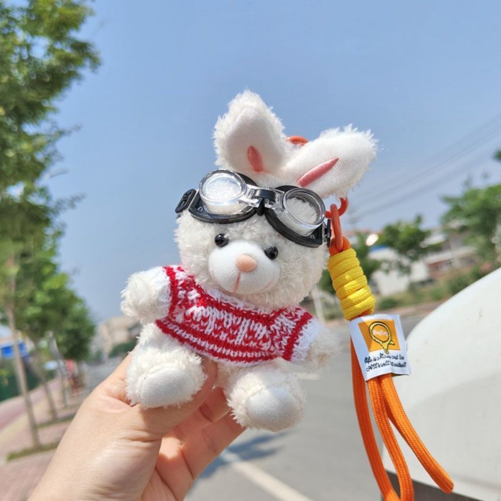 Bunny Lulu Keychain in Aviator Style with Cozy Sweater, Reflective Goggles, and Matching Hanging Lanyard – Perfect Everyday Accessory