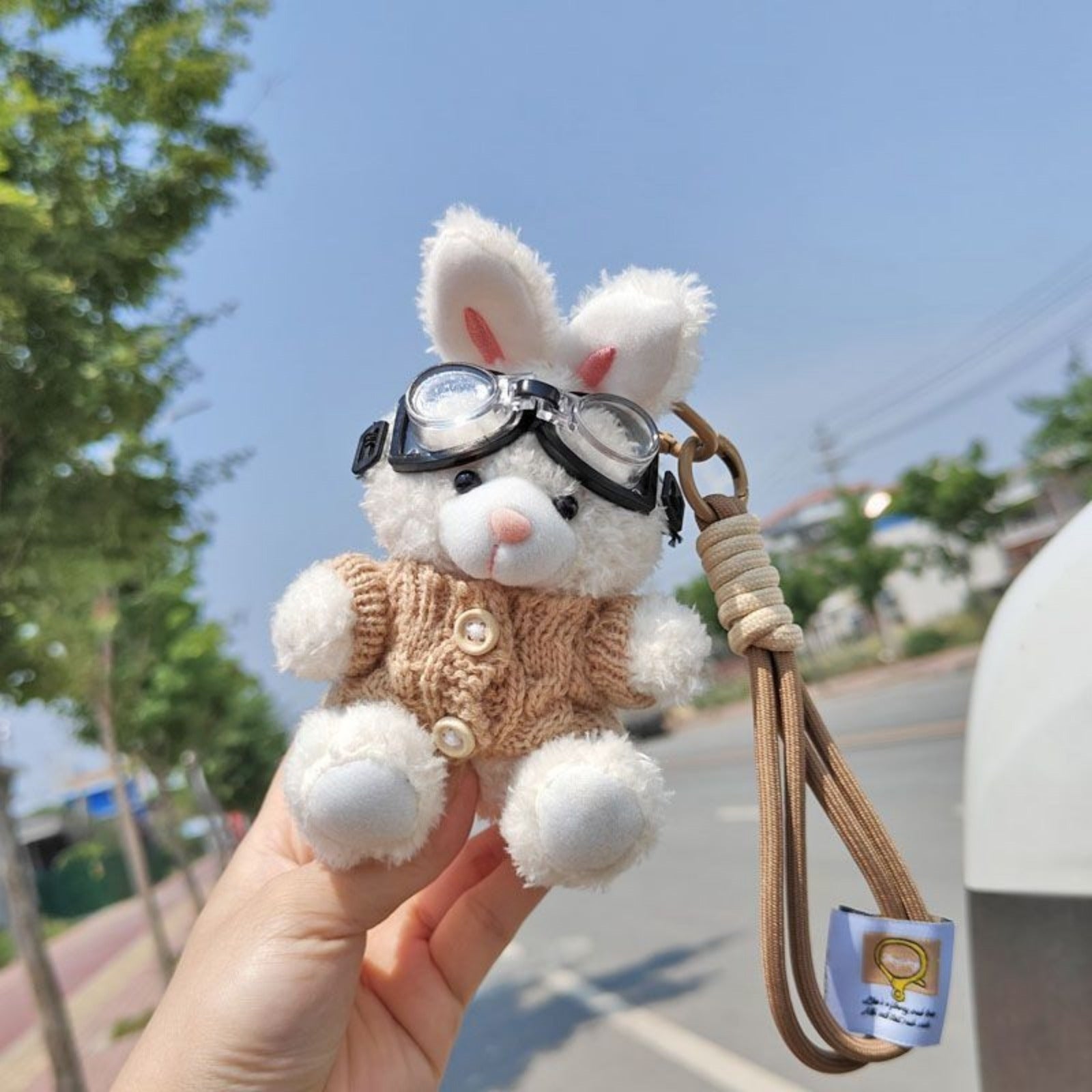 Bunny Lulu Keychain in Aviator Style with Cozy Sweater, Reflective Goggles, and Matching Hanging Lanyard – Perfect Everyday Accessory