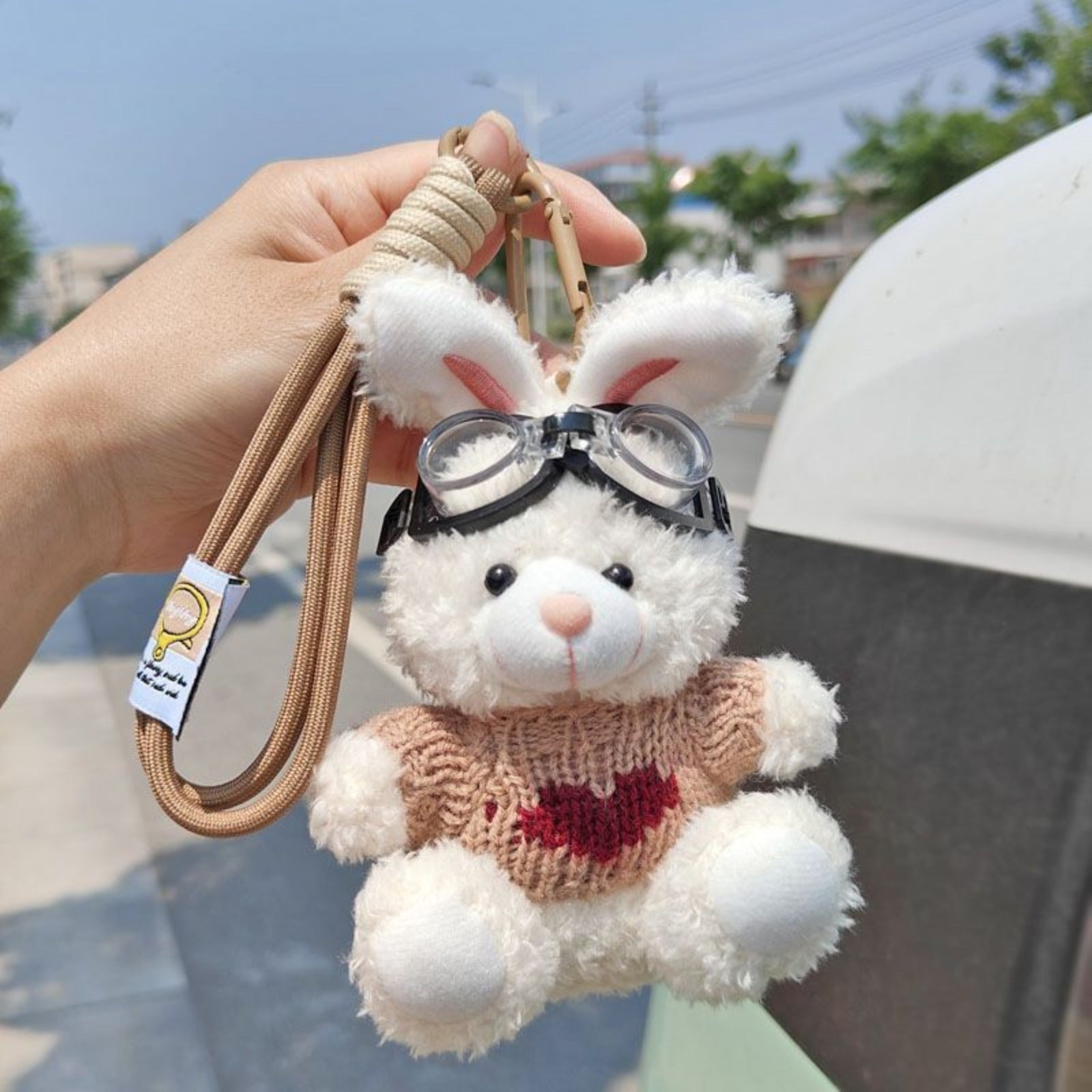 Bunny Lulu Keychain in Aviator Style with Cozy Sweater, Reflective Goggles, and Matching Hanging Lanyard – Perfect Everyday Accessory