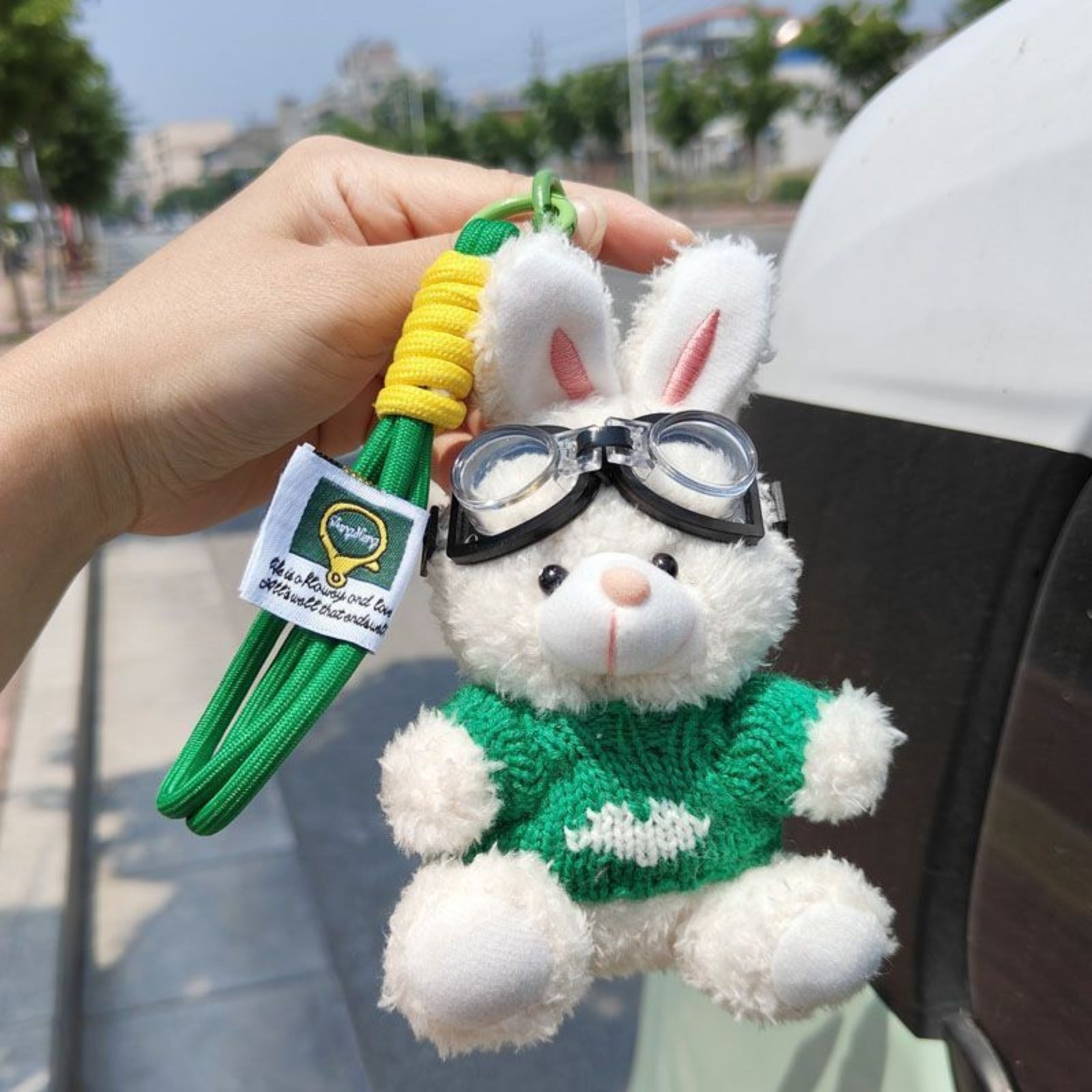 Bunny Lulu Keychain in Aviator Style with Cozy Sweater, Reflective Goggles, and Matching Hanging Lanyard – Perfect Everyday Accessory