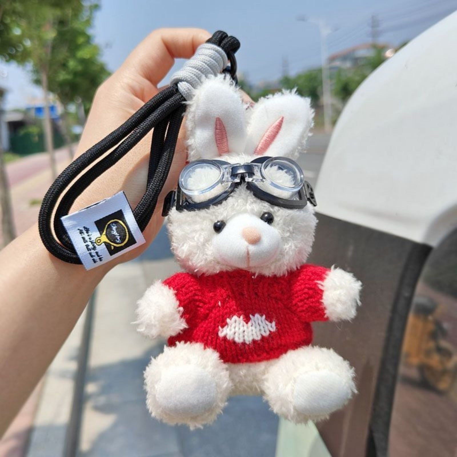 Bunny Lulu Keychain in Aviator Style with Cozy Sweater, Reflective Goggles, and Matching Hanging Lanyard – Perfect Everyday Accessory