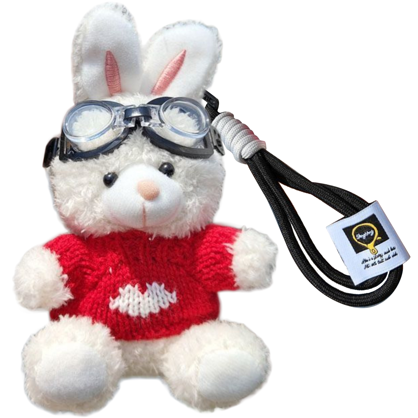 Bunny Lulu Keychain in Aviator Style with Cozy Sweater, Reflective Goggles, and Matching Hanging Lanyard – Perfect Everyday Accessory