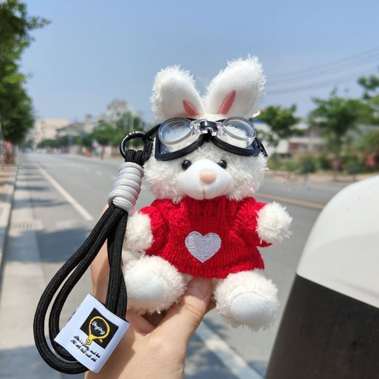 Bunny Lulu Keychain in Aviator Style with Cozy Sweater, Reflective Goggles, and Matching Hanging Lanyard – Perfect Everyday Accessory