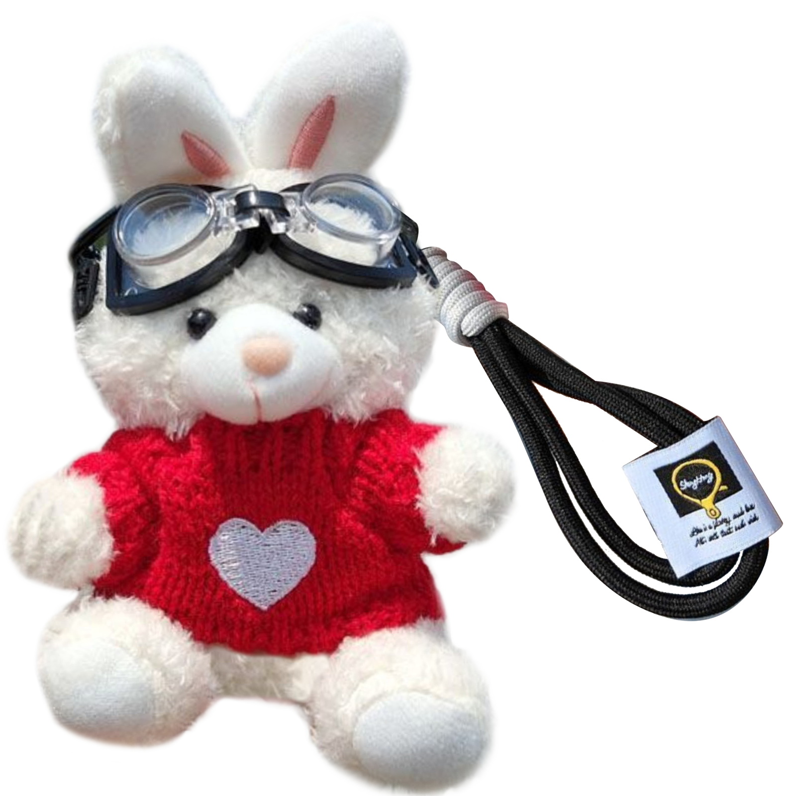 Bunny Lulu Keychain in Aviator Style with Cozy Sweater, Reflective Goggles, and Matching Hanging Lanyard – Perfect Everyday Accessory