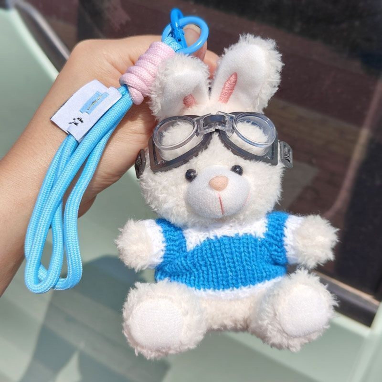 Bunny Lulu Keychain in Aviator Style with Cozy Sweater, Reflective Goggles, and Matching Hanging Lanyard – Perfect Everyday Accessory