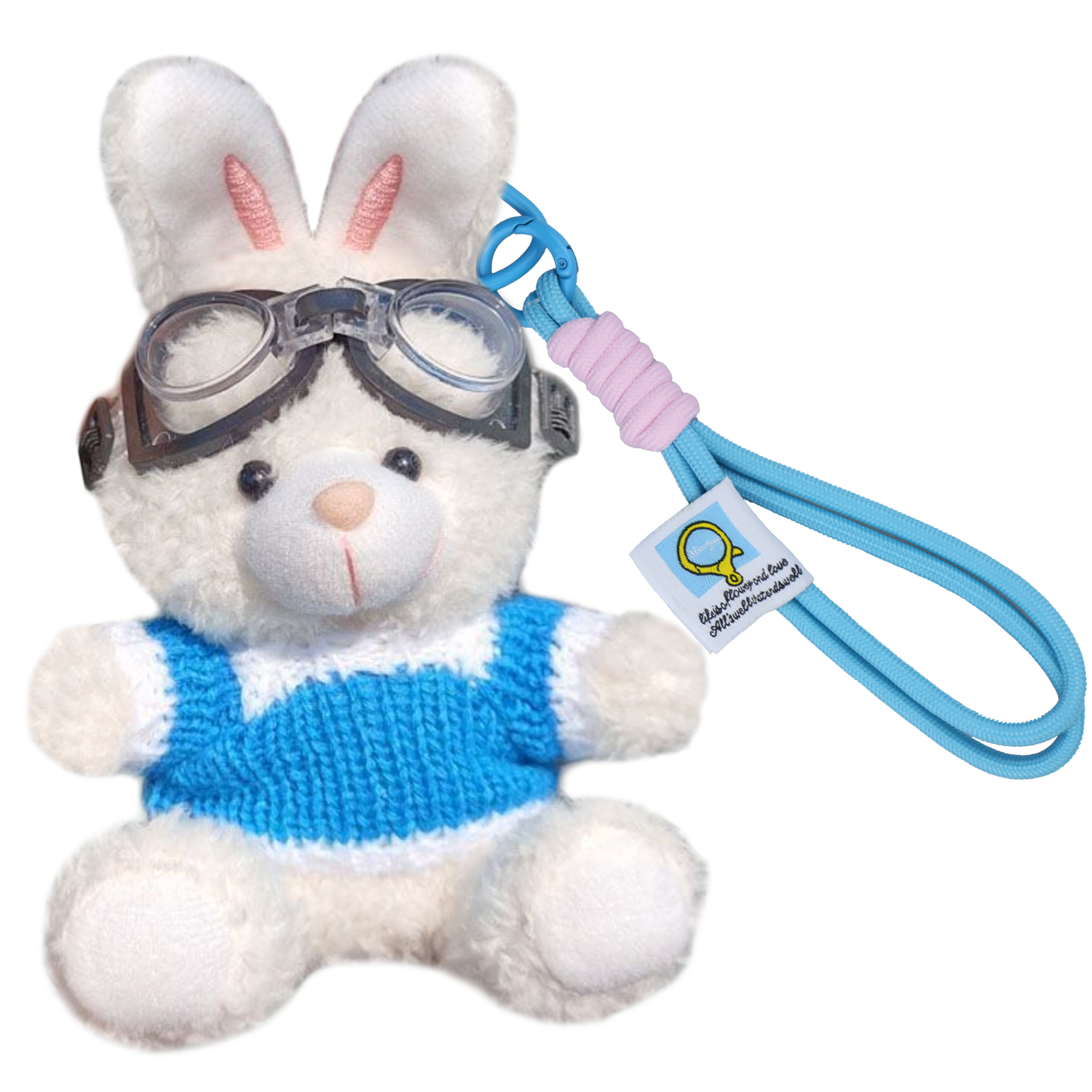 Bunny Lulu Keychain in Aviator Style with Cozy Sweater, Reflective Goggles, and Matching Hanging Lanyard – Perfect Everyday Accessory