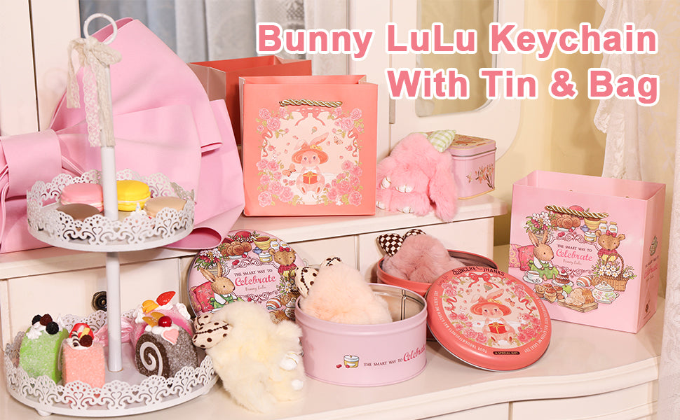 Bunny Lulu Keychain with Tin & Bag Rabbit Fur Bunny Lulu Keychain With Bow for Women Cute Soft Plush Accessory