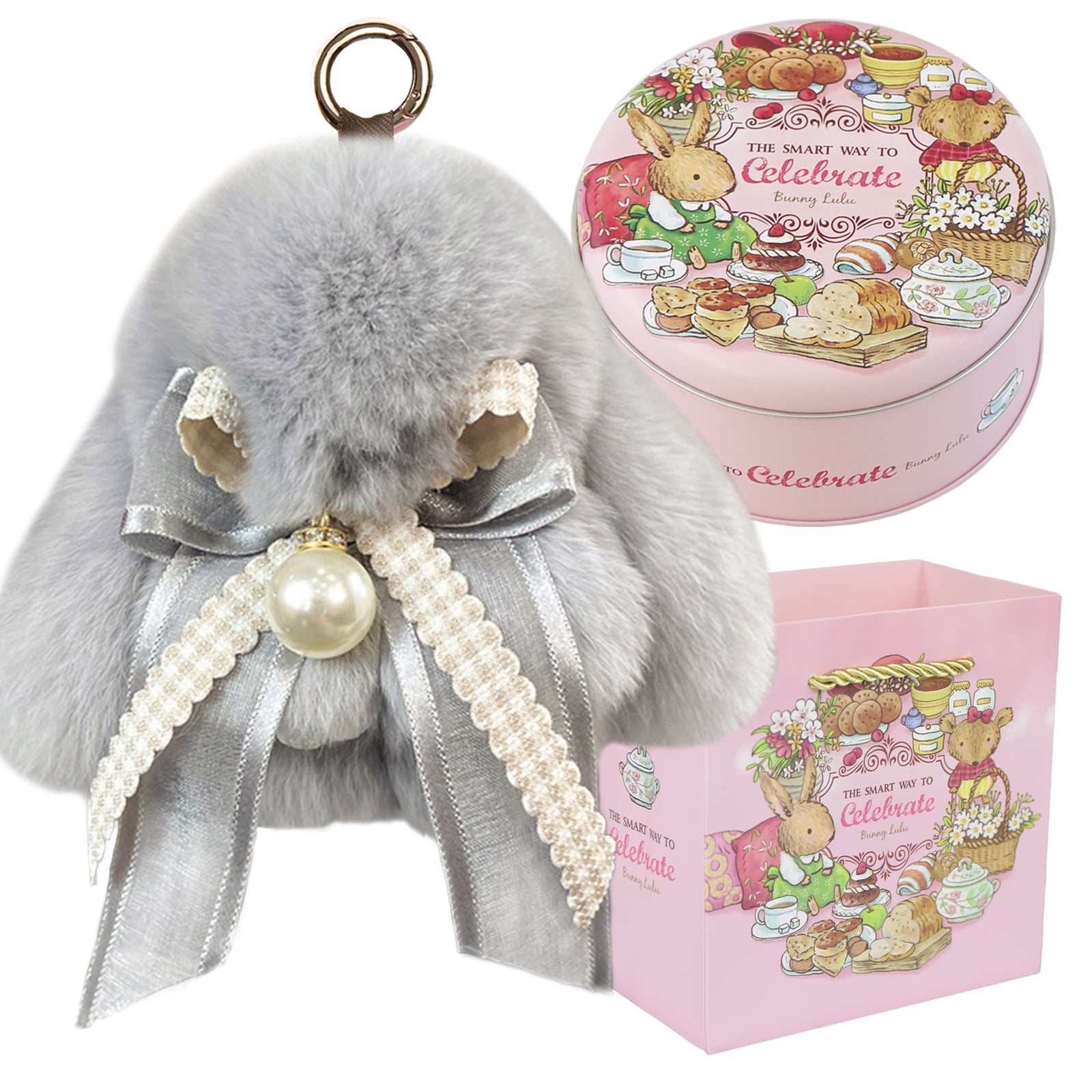 Bunny Lulu Keychain with Tin & Bag Soft Plush Bunny Keychian with Pearl Bow Key Accessory Ideal Choice for Birthday Anniversary & Holiday