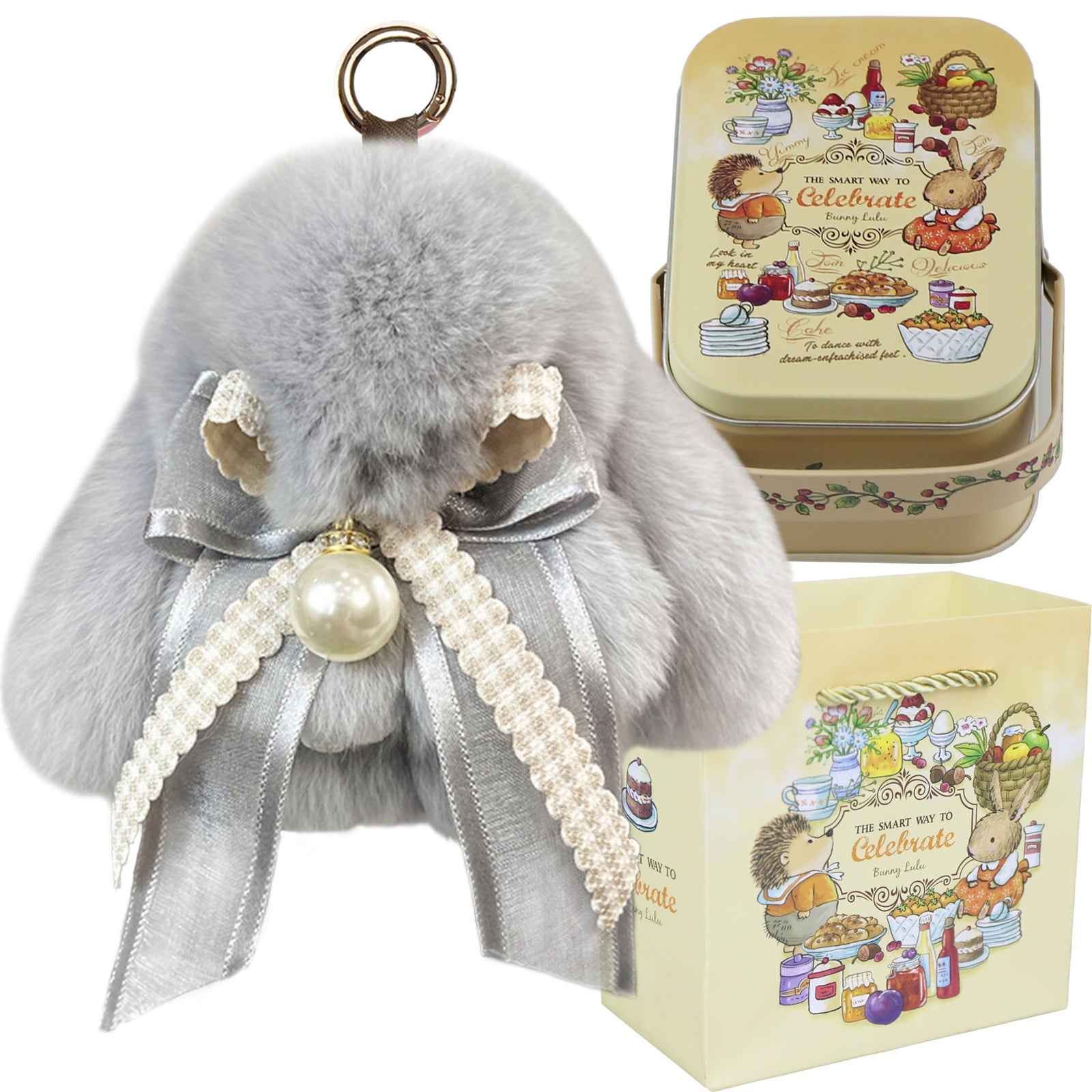 Bunny Lulu Keychain with Tin & Bag Soft Plush Bunny Keychian with Pearl Bow Key Accessory Ideal Choice for Birthday Anniversary & Holiday