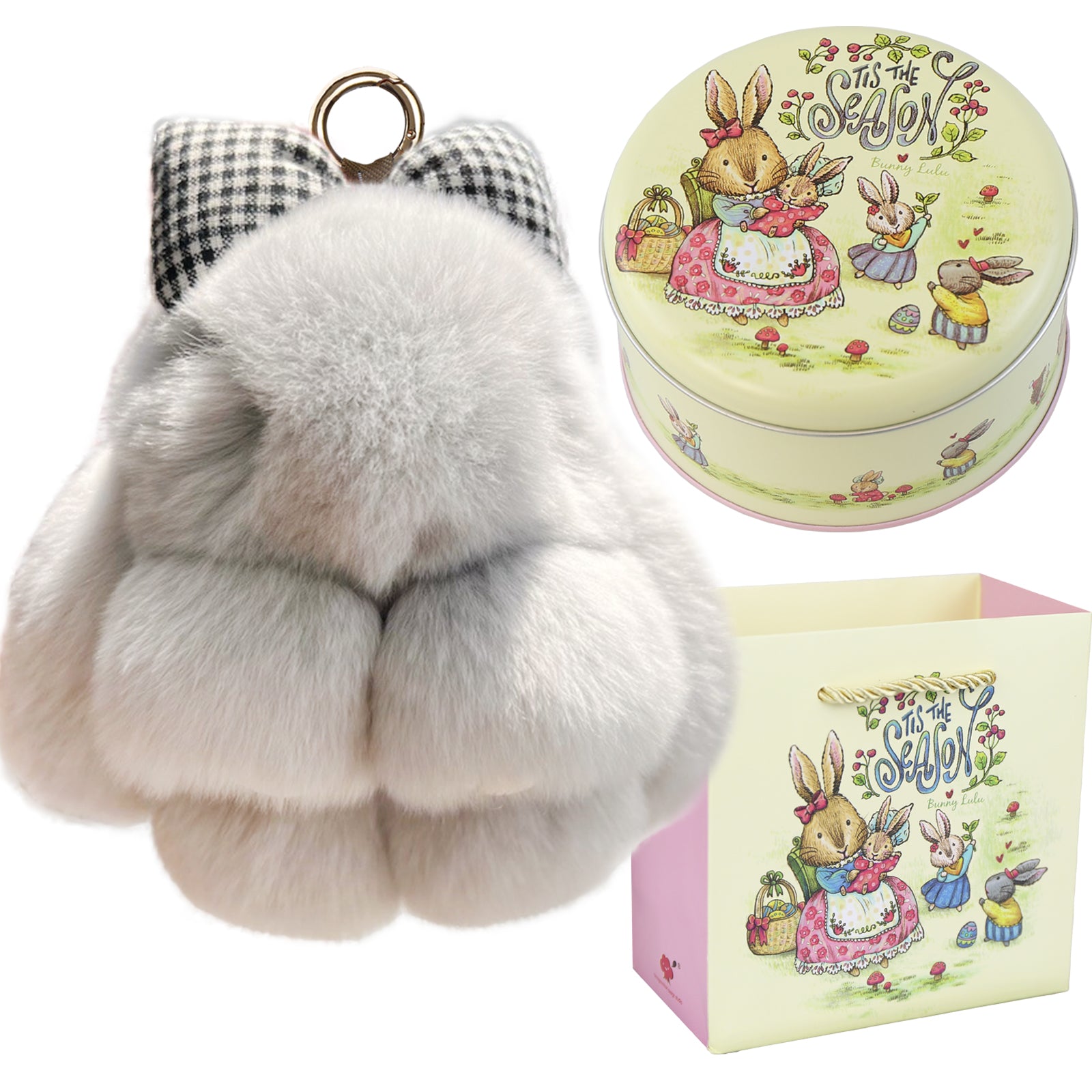 Bunny Lulu Keychain with Tin & Bag Rabbit Fur Bunny Lulu Keychain With Bow for Women Cute Soft Plush Accessory