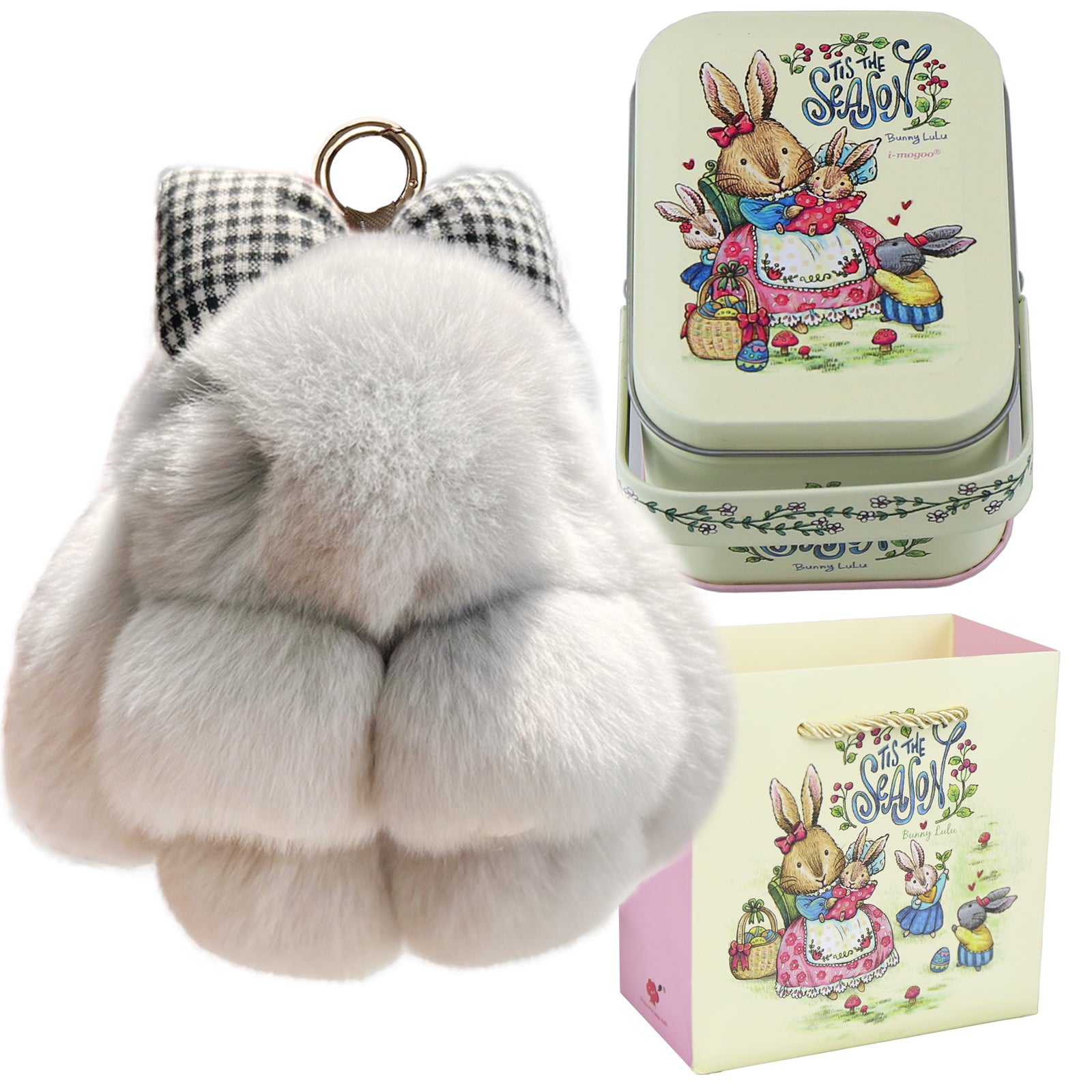 Bunny Lulu Keychain with Tin & Bag Rabbit Fur Bunny Lulu Keychain With Bow for Women Cute Soft Plush Accessory