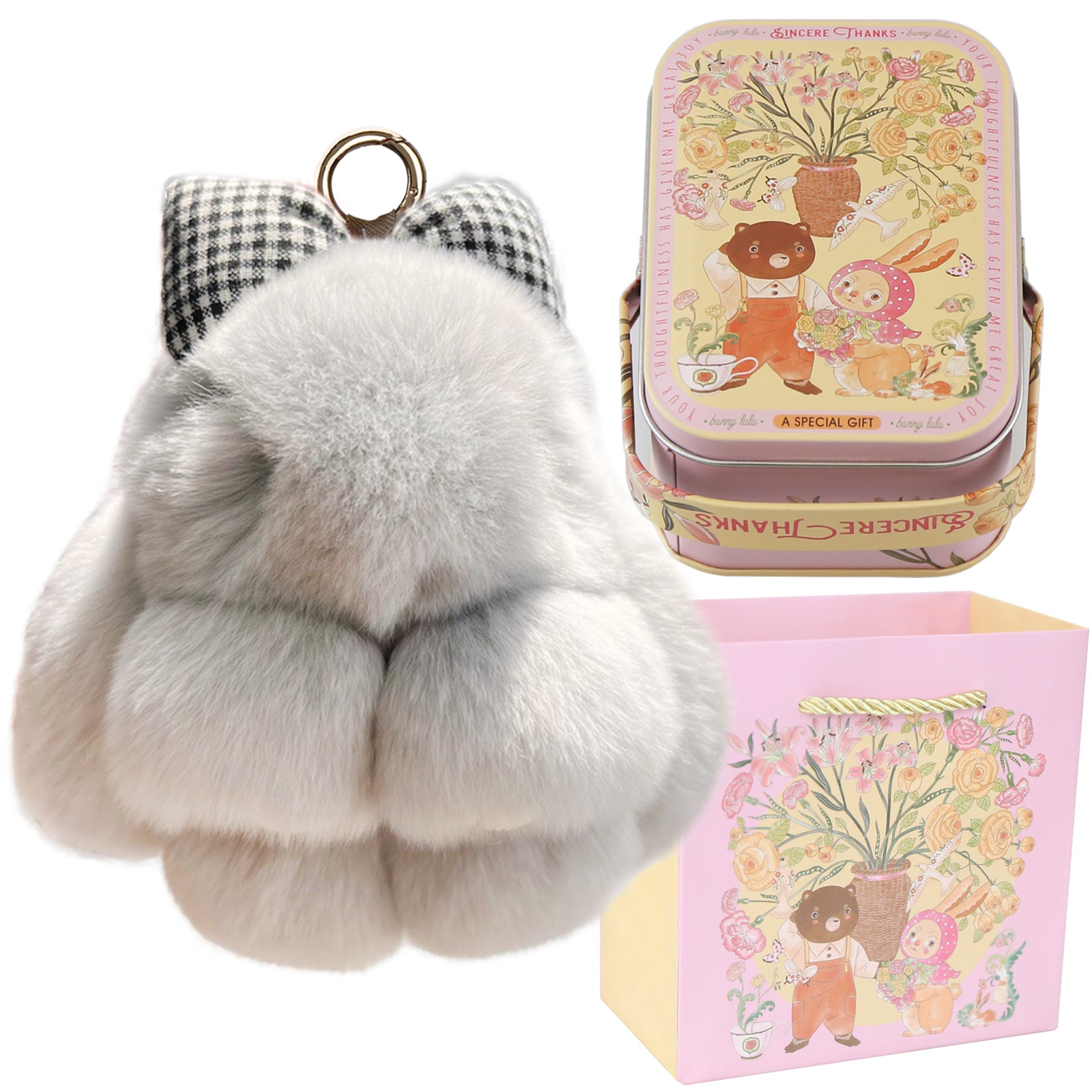 Bunny Lulu Keychain with Tin & Bag Rabbit Fur Bunny Lulu Keychain With Bow for Women Cute Soft Plush Accessory