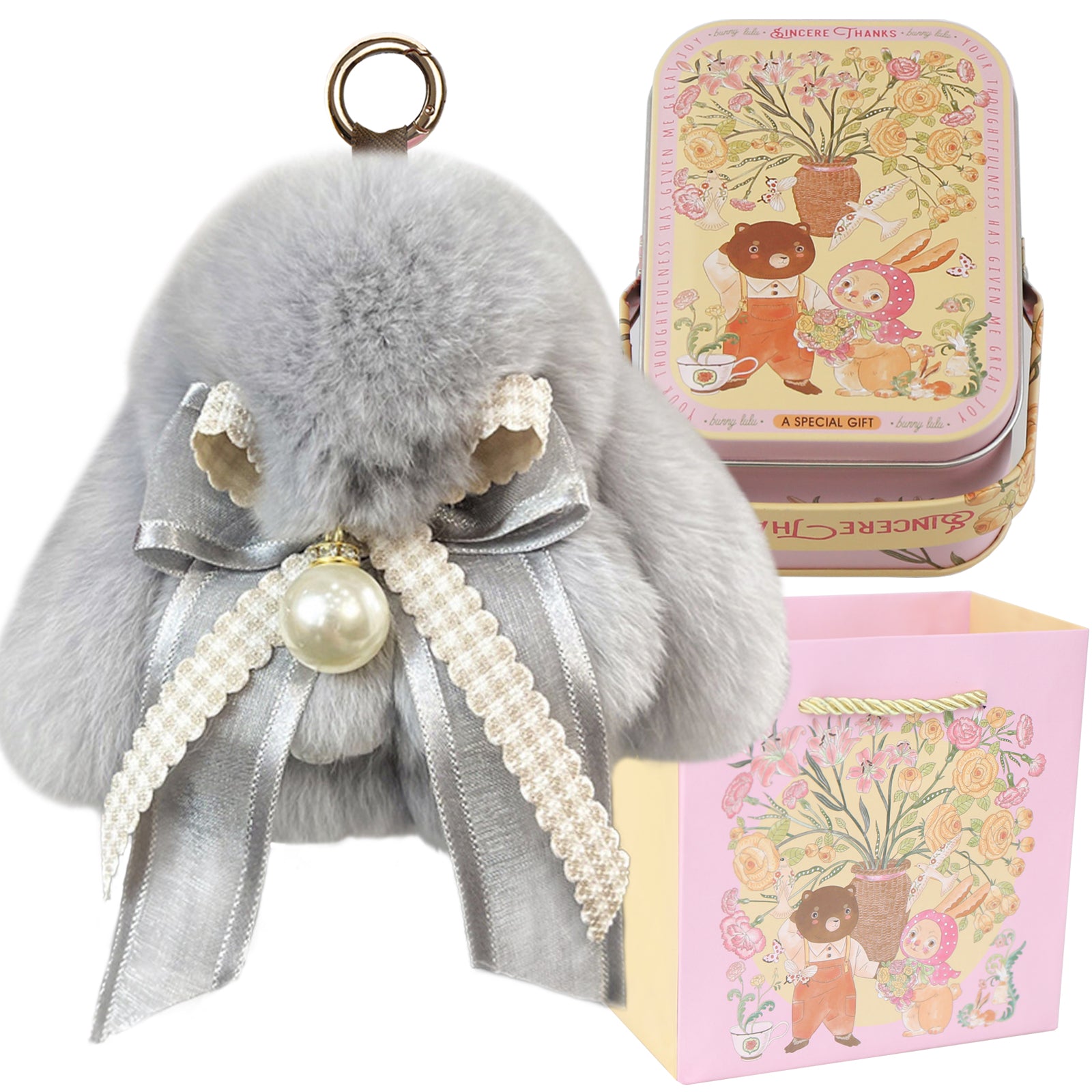 Bunny Lulu Keychain with Tin & Bag Soft Plush Bunny Keychian with Pearl Bow Key Accessory Ideal Choice for Birthday Anniversary & Holiday