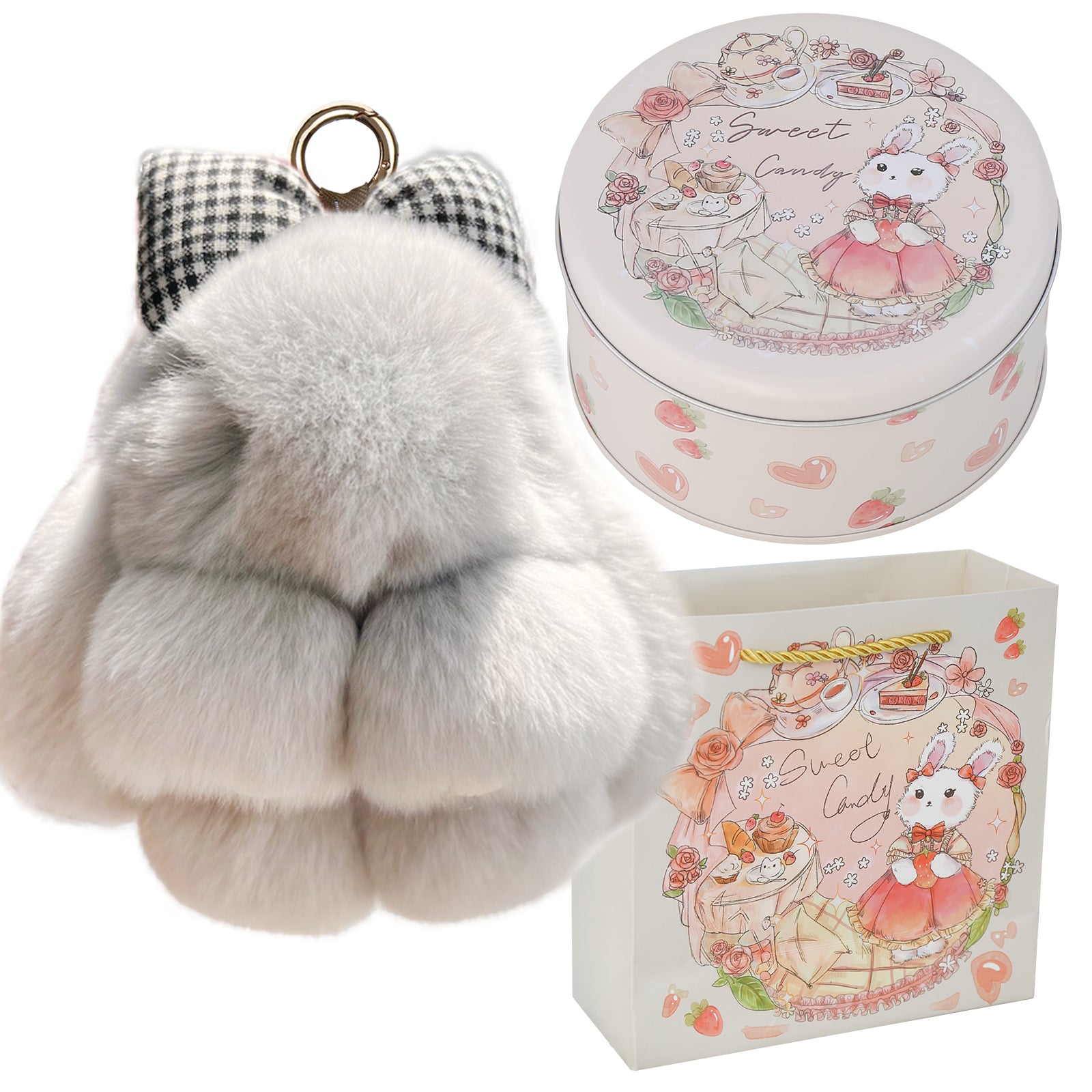 Bunny Lulu Keychain with Tin & Bag Rabbit Fur Bunny Lulu Keychain With Bow for Women Cute Soft Plush Accessory