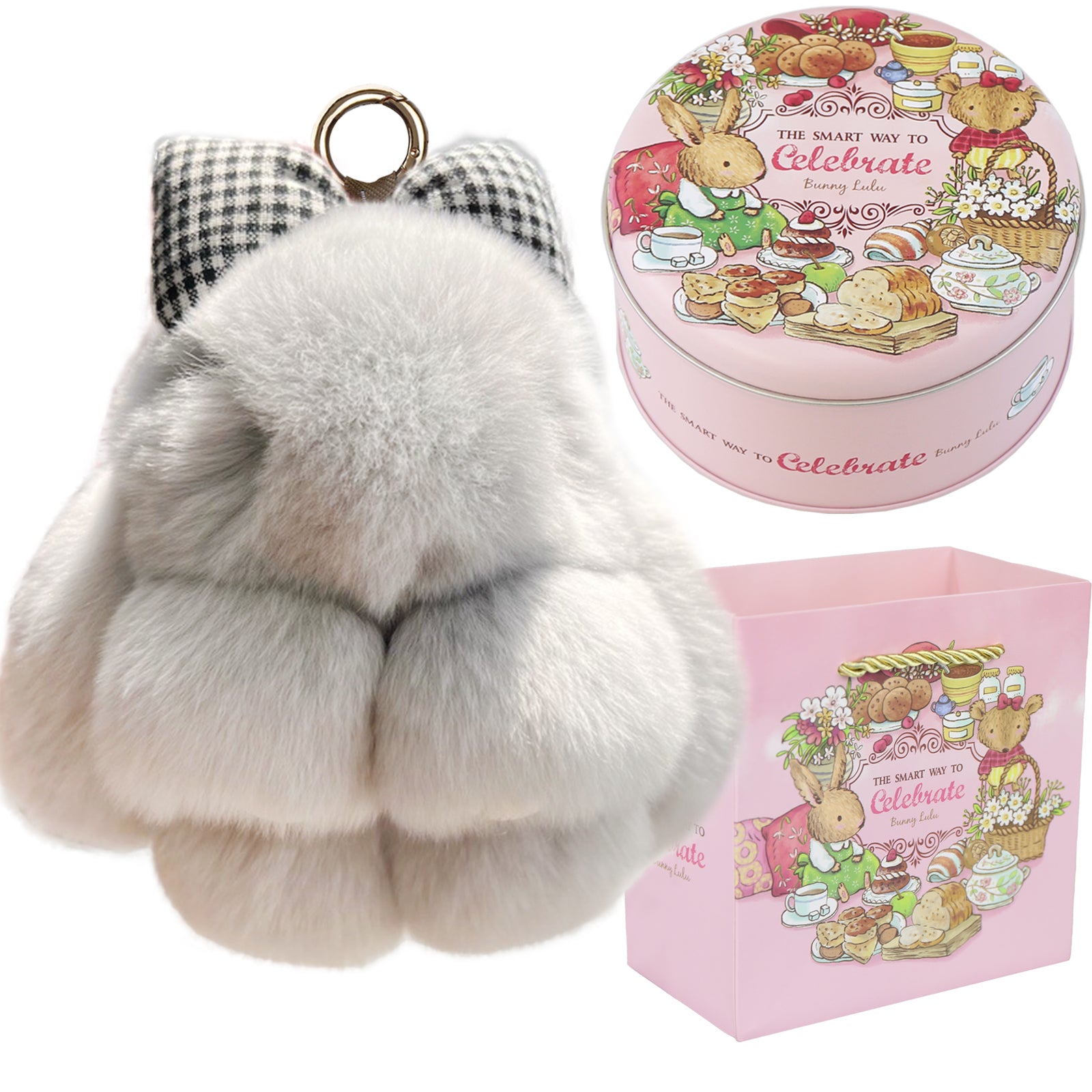 Bunny Lulu Keychain with Tin & Bag Rabbit Fur Bunny Lulu Keychain With Bow for Women Cute Soft Plush Accessory