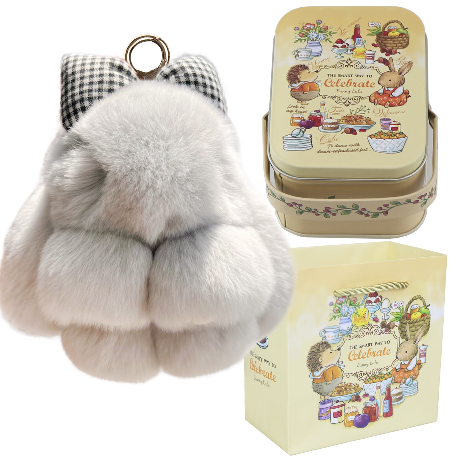 Bunny Lulu Keychain with Tin & Bag Rabbit Fur Bunny Lulu Keychain With Bow for Women Cute Soft Plush Accessory