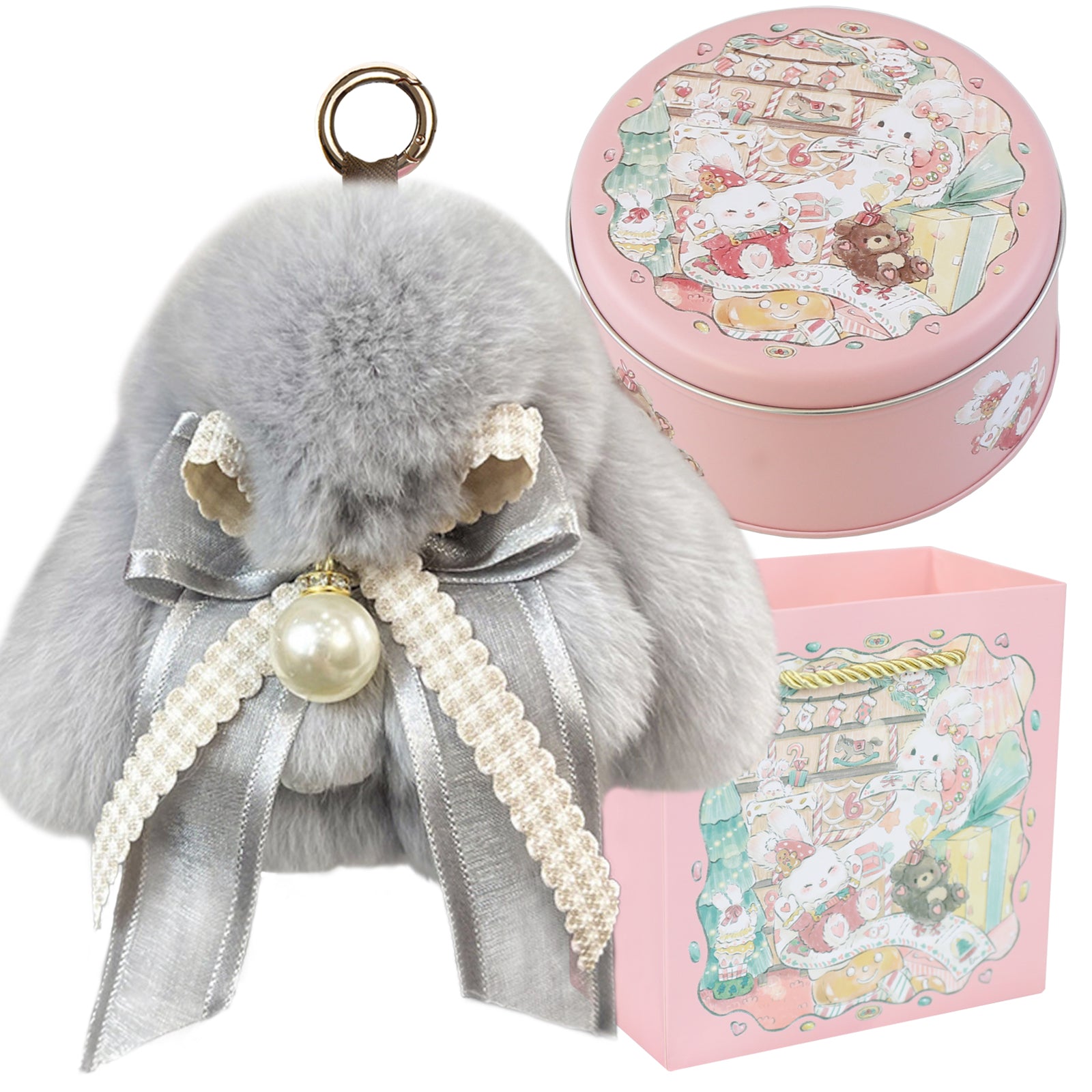 Bunny Lulu Keychain with Tin & Bag Soft Plush Bunny Keychian with Pearl Bow Key Accessory Ideal Choice for Birthday Anniversary & Holiday