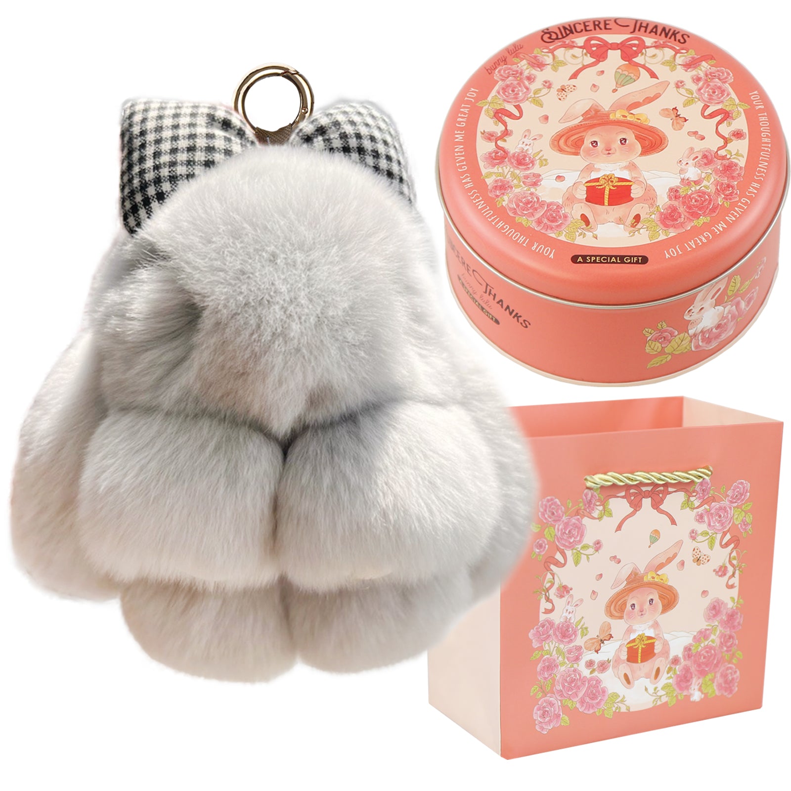 Bunny Lulu Keychain with Tin & Bag Rabbit Fur Bunny Lulu Keychain With Bow for Women Cute Soft Plush Accessory