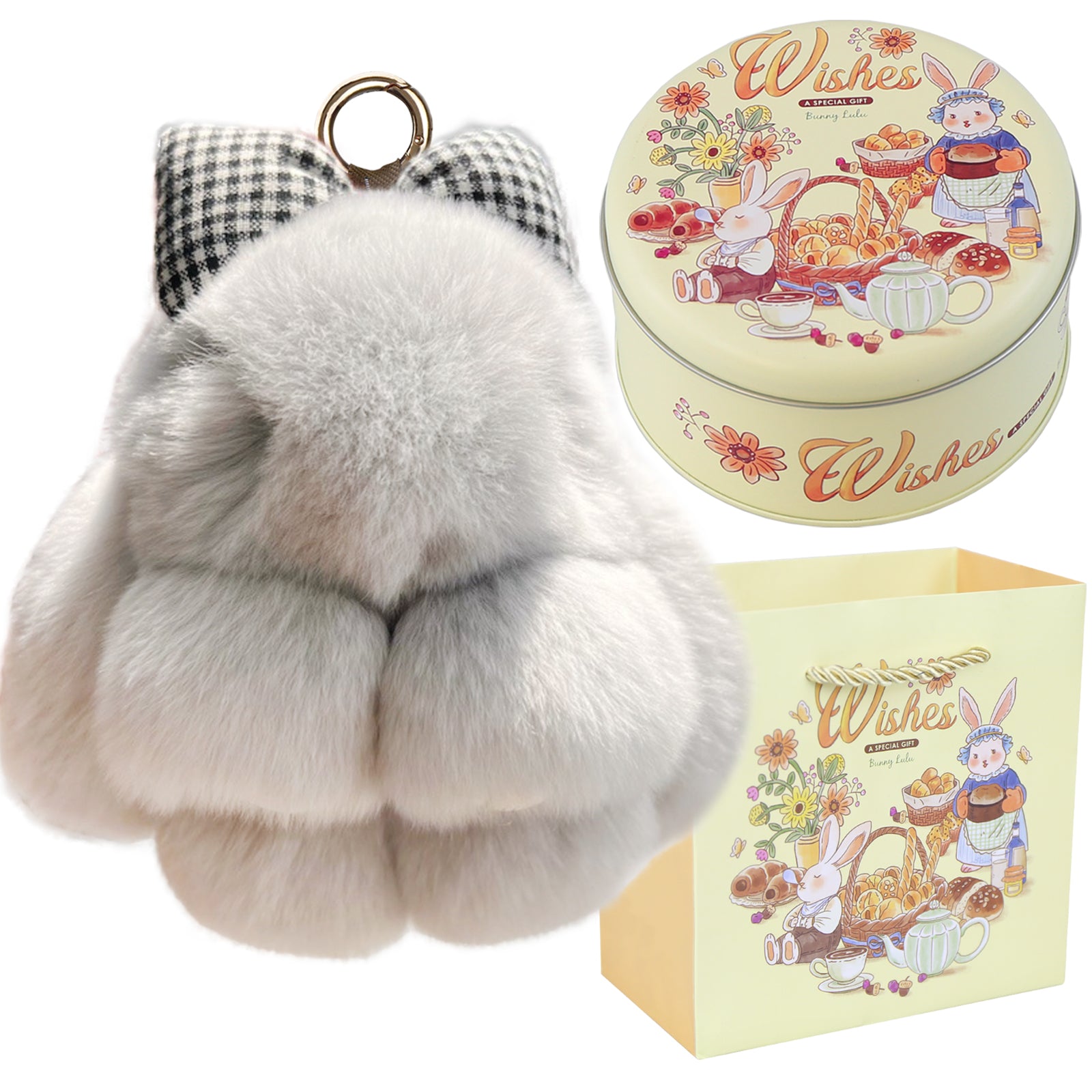 Bunny Lulu Keychain with Tin & Bag Rabbit Fur Bunny Lulu Keychain With Bow for Women Cute Soft Plush Accessory