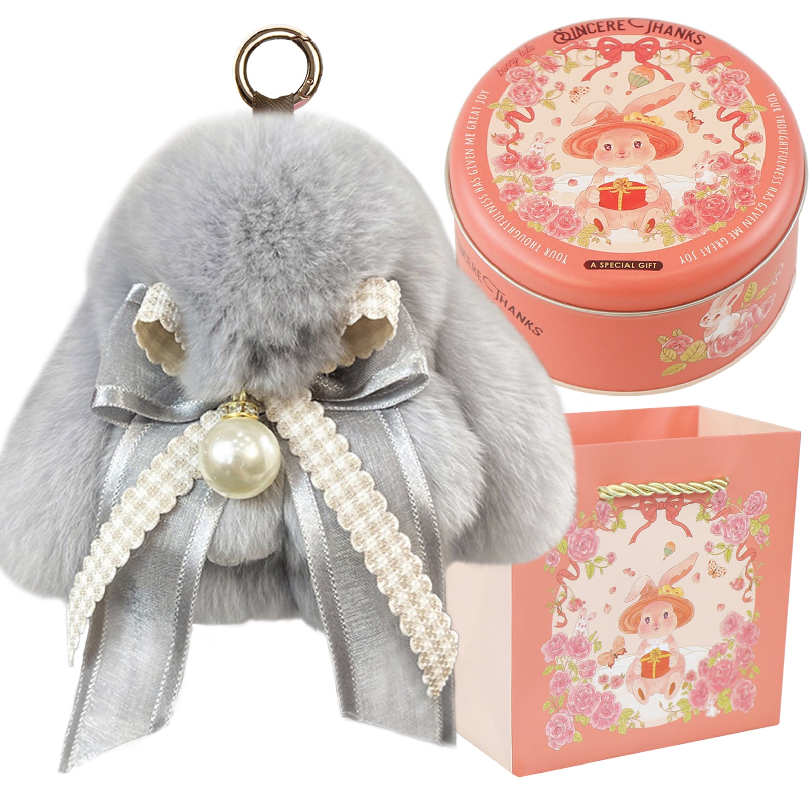 Bunny Lulu Keychain with Tin & Bag Soft Plush Bunny Keychian with Pearl Bow Key Accessory Ideal Choice for Birthday Anniversary & Holiday