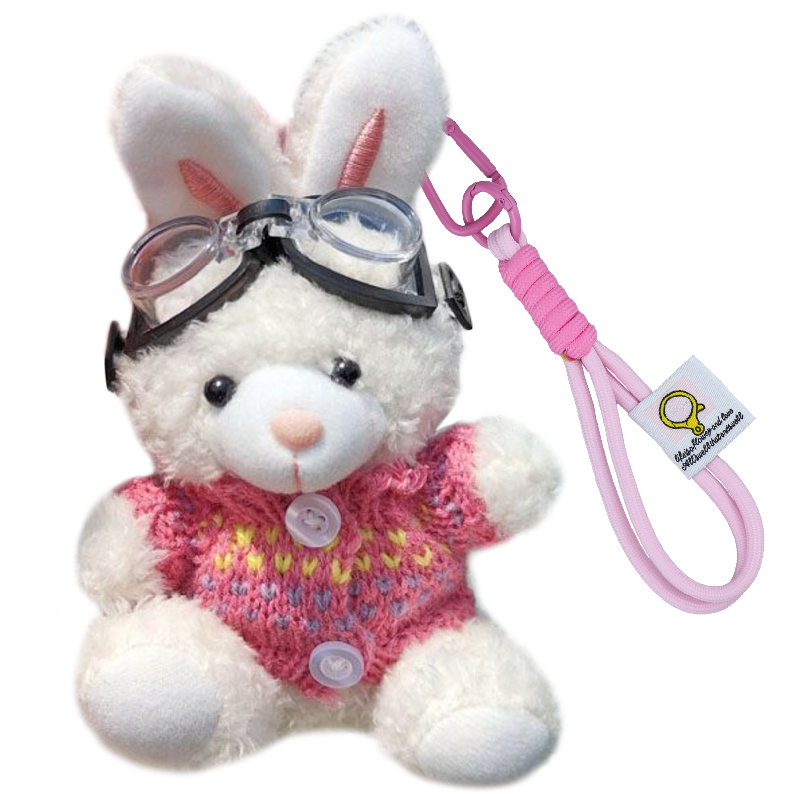 Bunny Lulu Keychain in Aviator Style with Cozy Sweater, Reflective Goggles, and Matching Hanging Lanyard – Perfect Everyday Accessory