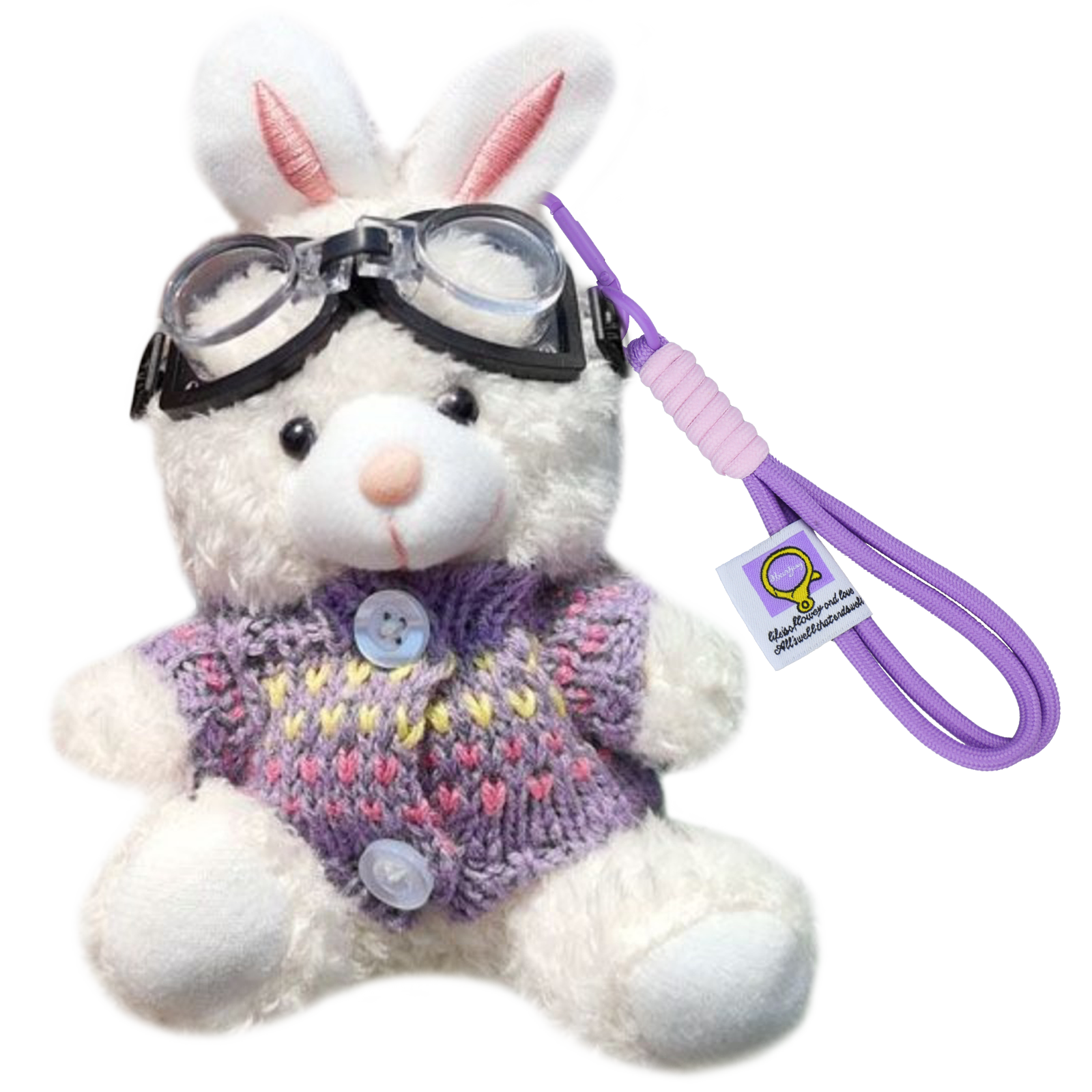 Bunny Lulu Keychain in Aviator Style with Cozy Sweater, Reflective Goggles, and Matching Hanging Lanyard – Perfect Everyday Accessory