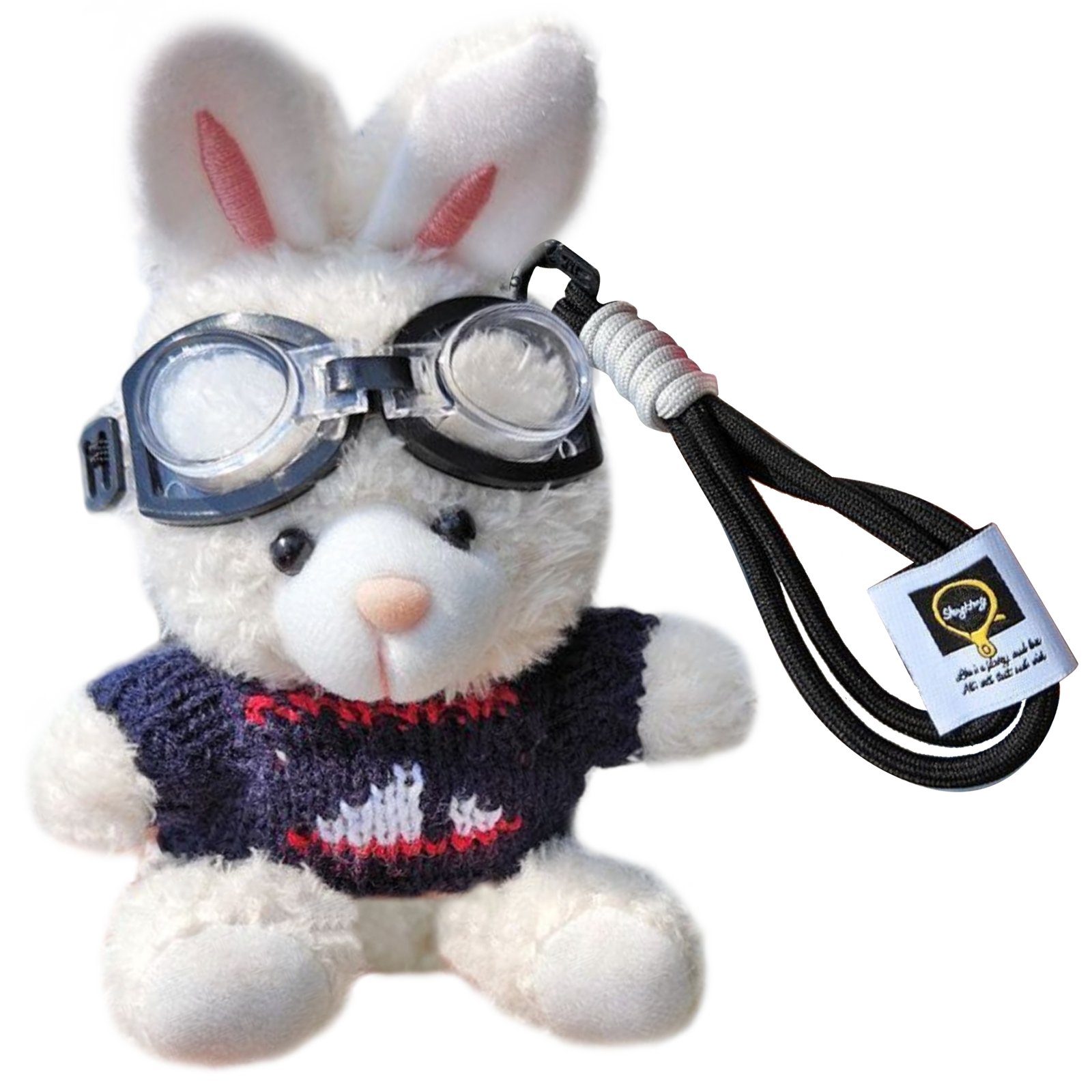 Bunny Lulu Keychain in Aviator Style with Cozy Sweater, Reflective Goggles, and Matching Hanging Lanyard – Perfect Everyday Accessory