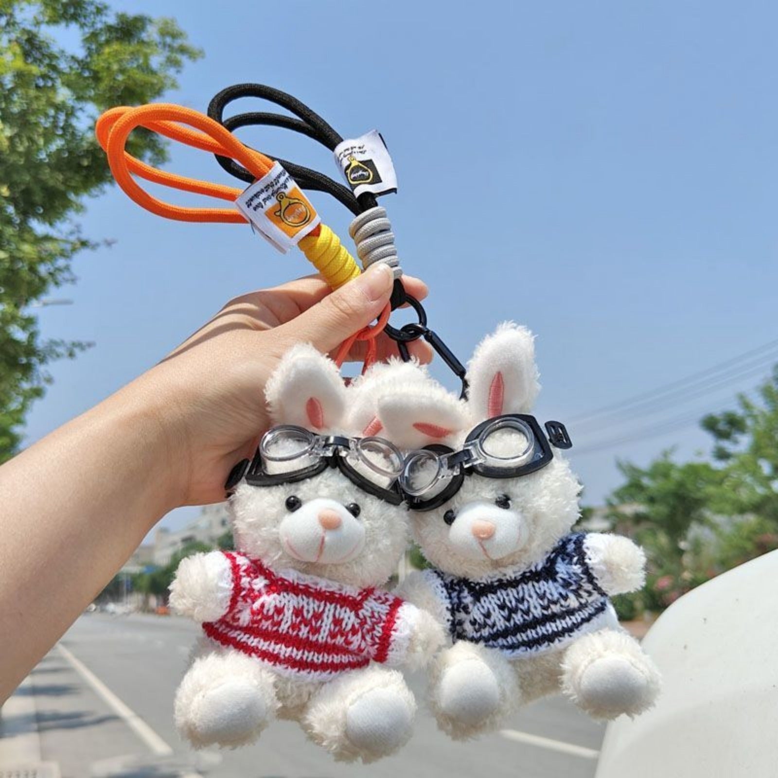 Bunny Lulu Keychain in Aviator Style with Cozy Sweater, Reflective Goggles, and Matching Hanging Lanyard – Perfect Everyday Accessory