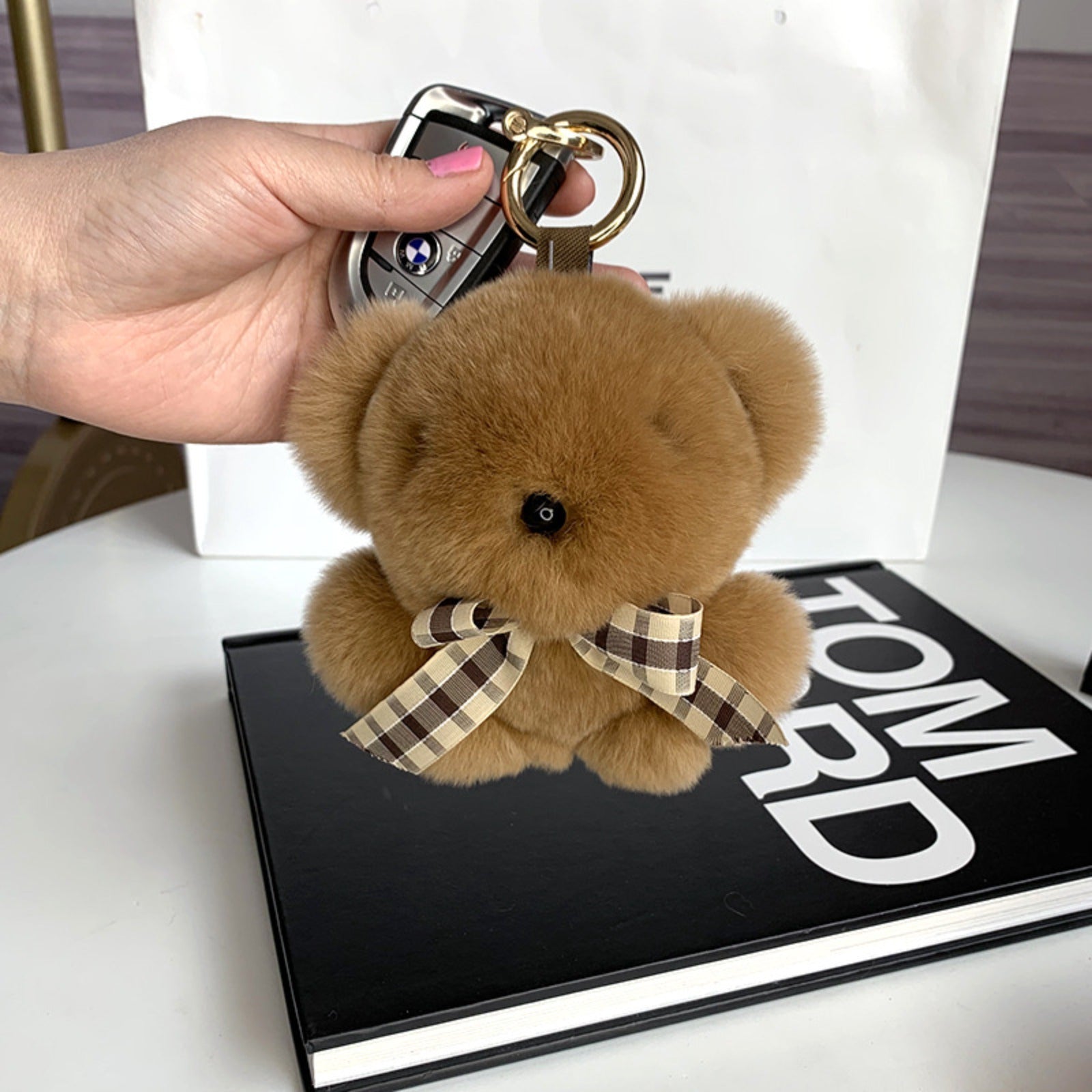 Bear Keychain with Bow Plush Fluffy Rabbit Fur Keychain Soft Adorable Accessory for Bags Keys Backpack Bear Lovers