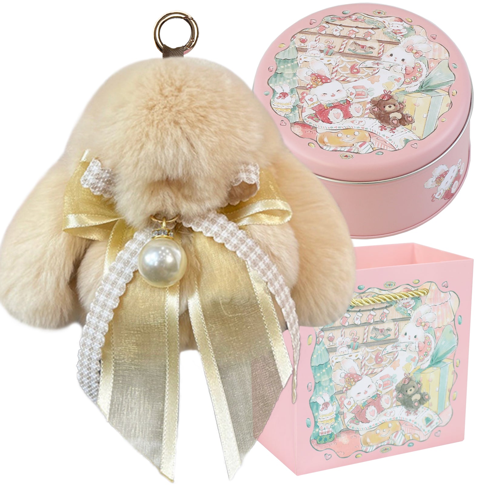 Bunny Lulu Keychain with Tin & Bag Soft Plush Bunny Keychian with Pearl Bow Key Accessory Ideal Choice for Birthday Anniversary & Holiday