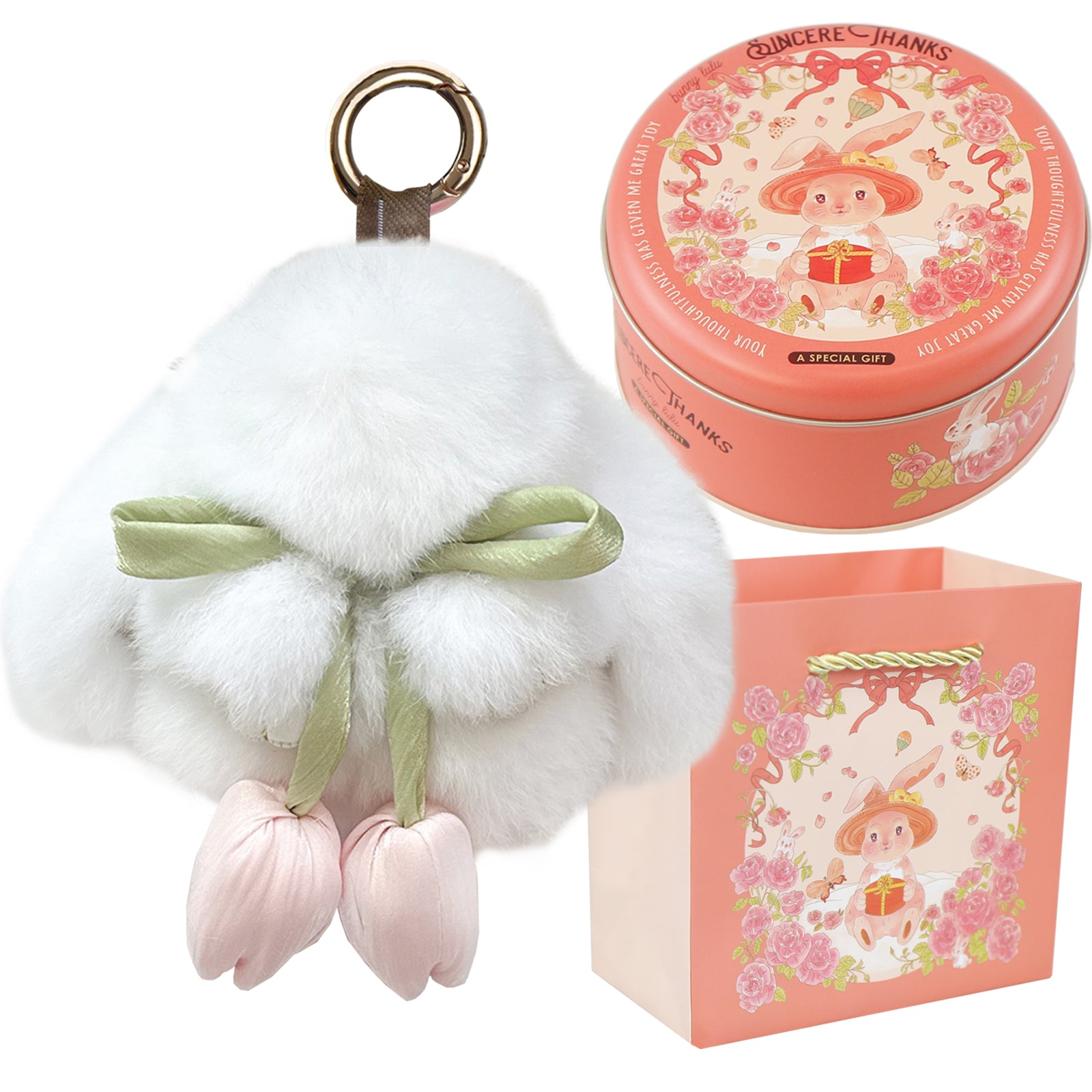 Bunny Lulu Keychain with Tin & Bag Soft Cute Plush Fluffy Tulip Bunnylulu Keychain with Optional Tin and Bag