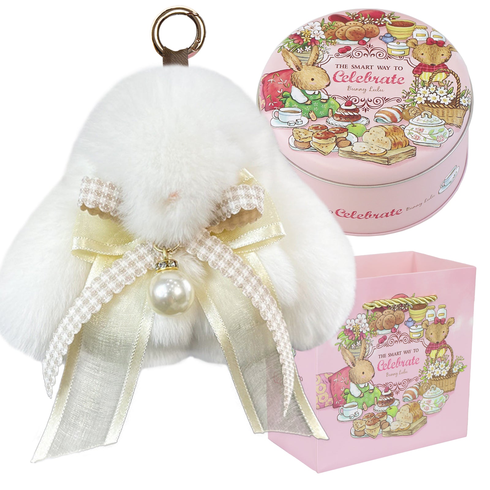Bunny Lulu Keychain with Tin & Bag Soft Plush Bunny Keychian with Pearl Bow Key Accessory Ideal Choice for Birthday Anniversary & Holiday