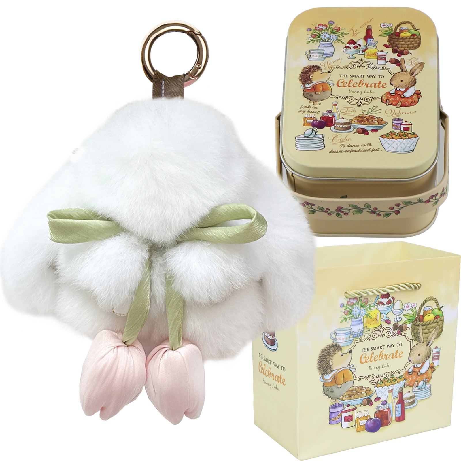 Bunny Lulu Keychain with Tin & Bag Soft Cute Plush Fluffy Tulip Bunnylulu Keychain with Optional Tin and Bag