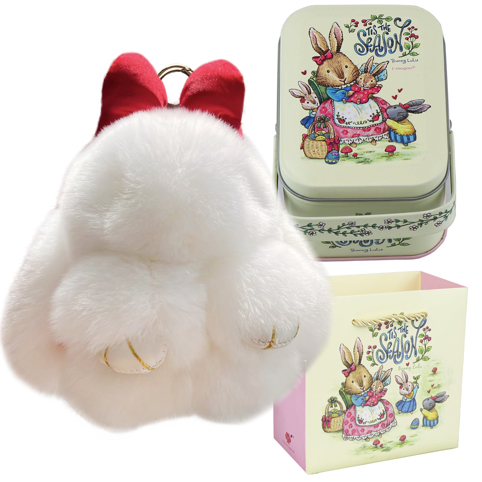 Bunny Lulu Keychain with Tin & Bag Rabbit Fur Bunny Lulu Keychain With Bow for Women Cute Soft Plush Accessory