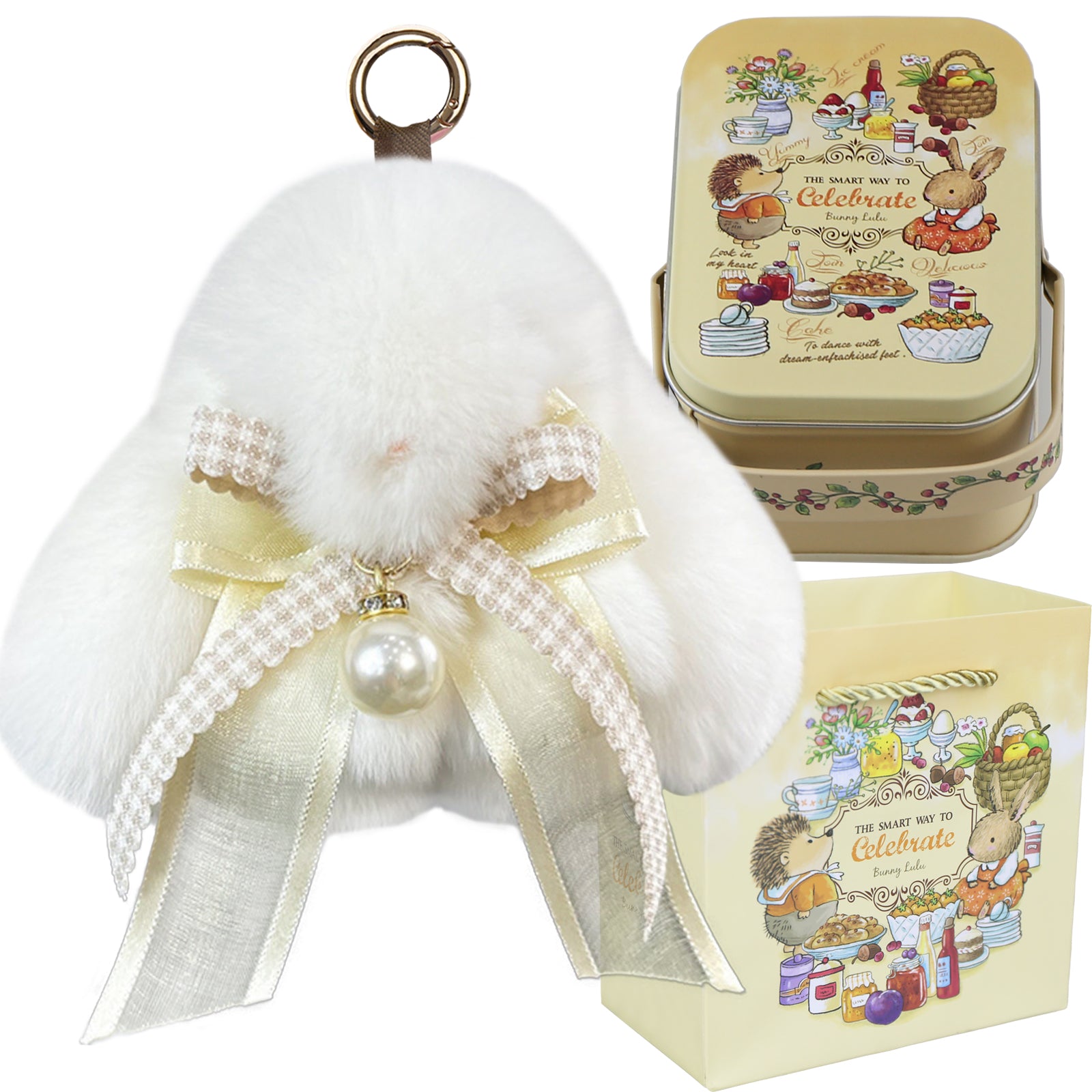 Bunny Lulu Keychain with Tin & Bag Soft Plush Bunny Keychian with Pearl Bow Key Accessory Ideal Choice for Birthday Anniversary & Holiday