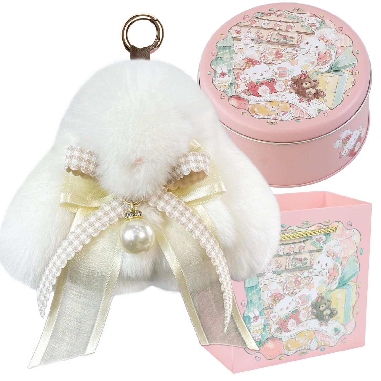 Bunny Lulu Keychain with Tin & Bag Soft Plush Bunny Keychian with Pearl Bow Key Accessory Ideal Choice for Birthday Anniversary & Holiday