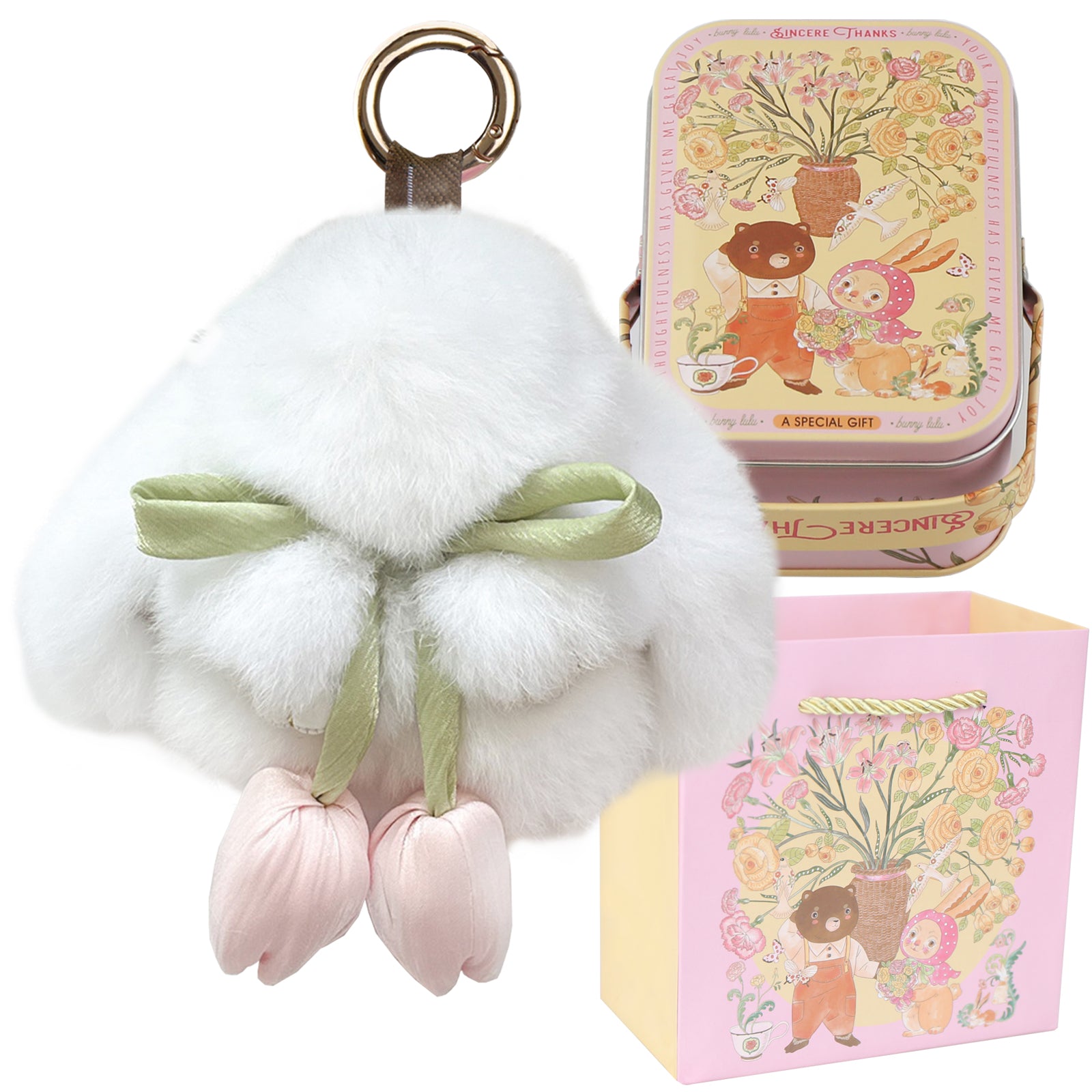 Bunny Lulu Keychain with Tin & Bag Soft Cute Plush Fluffy Tulip Bunnylulu Keychain with Optional Tin and Bag