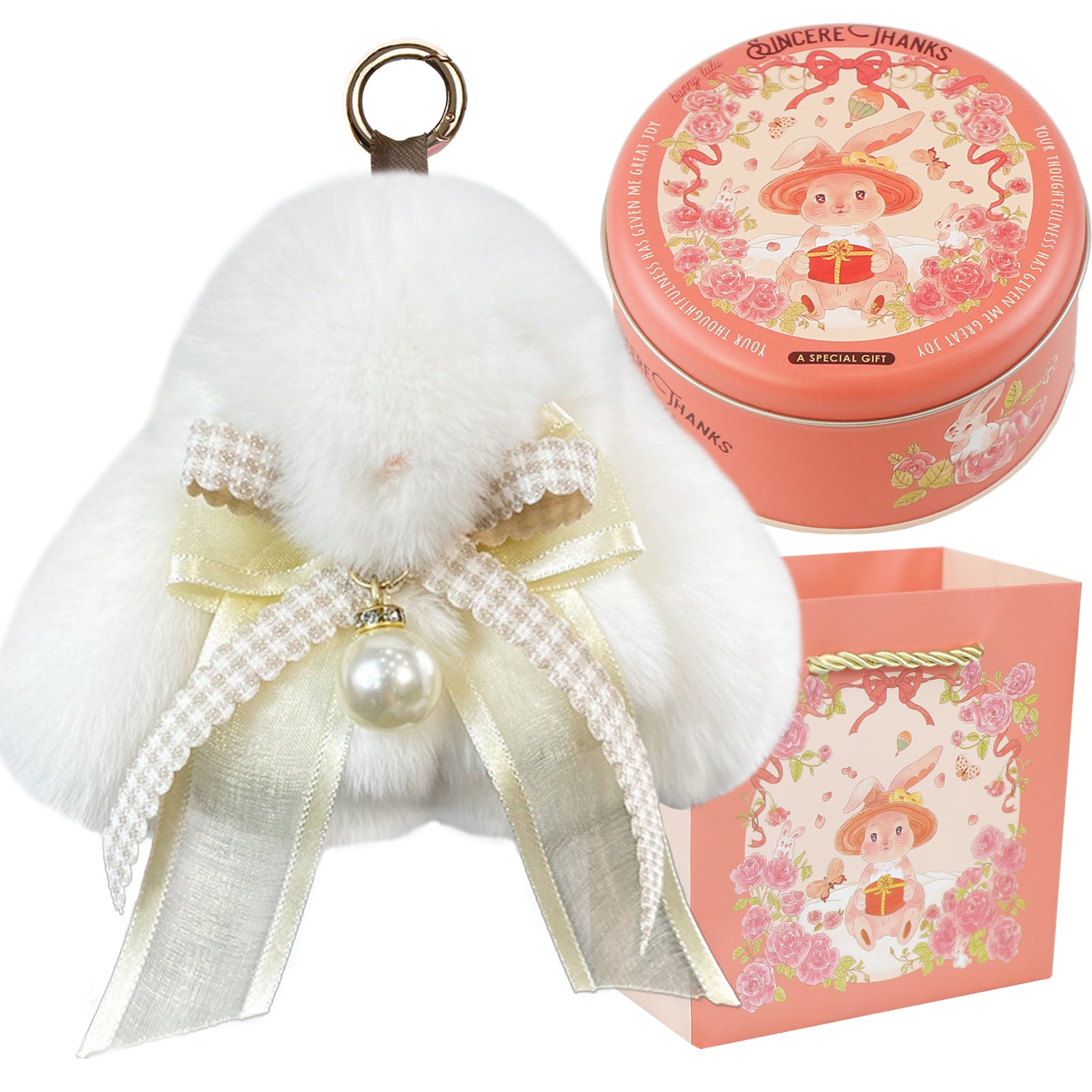 Bunny Lulu Keychain with Tin & Bag Soft Plush Bunny Keychian with Pearl Bow Key Accessory Ideal Choice for Birthday Anniversary & Holiday