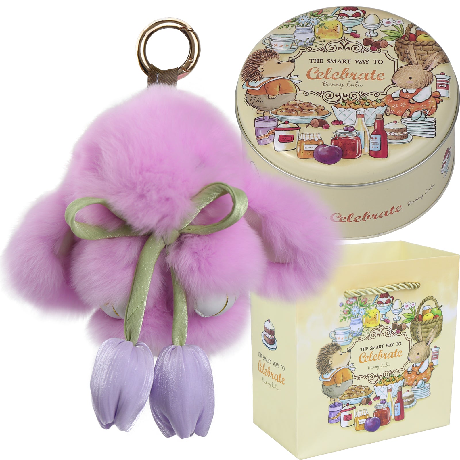 Bunny Lulu Keychain with Tin & Bag Soft Cute Plush Fluffy Tulip Bunnylulu Keychain with Optional Tin and Bag