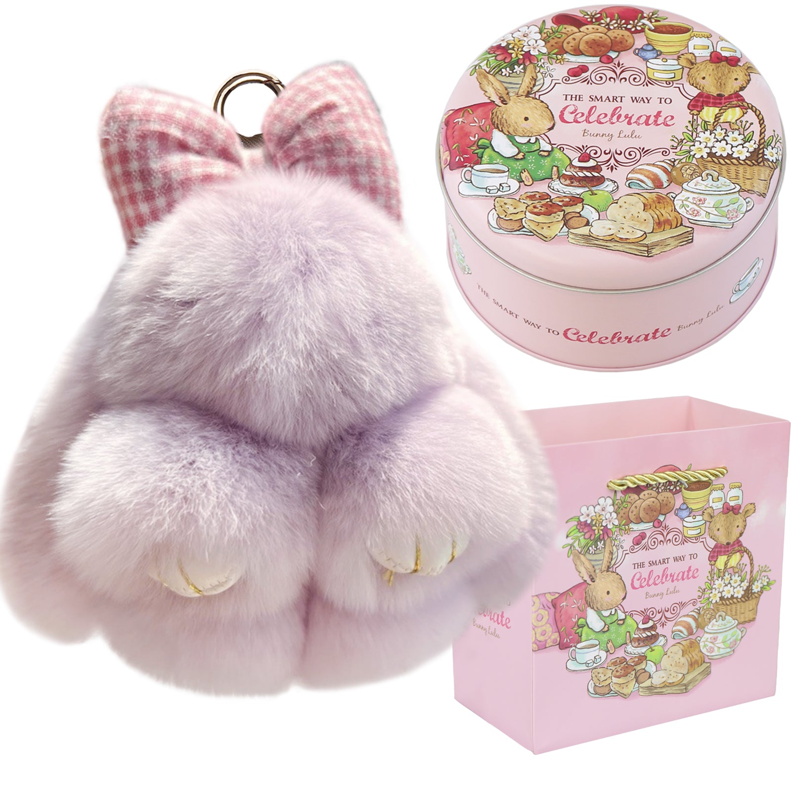 Bunny Lulu Keychain with Tin & Bag Rabbit Fur Bunny Lulu Keychain With Bow for Women Cute Soft Plush Accessory