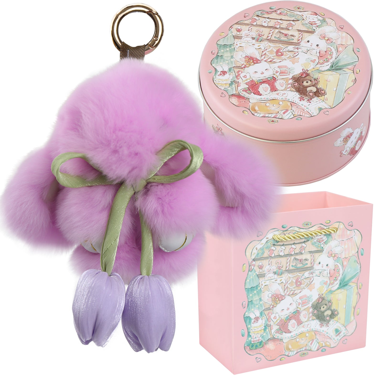 Bunny Lulu Keychain with Tin & Bag Soft Cute Plush Fluffy Tulip Bunnylulu Keychain with Optional Tin and Bag