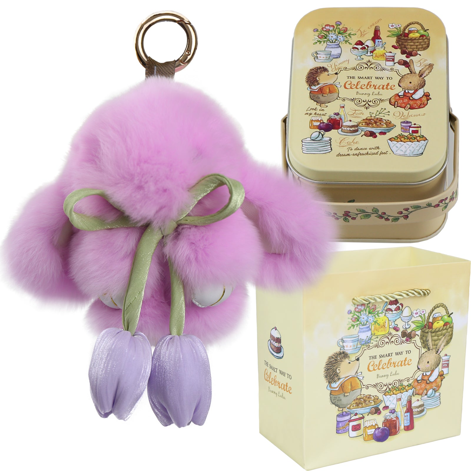 Bunny Lulu Keychain with Tin & Bag Soft Cute Plush Fluffy Tulip Bunnylulu Keychain with Optional Tin and Bag